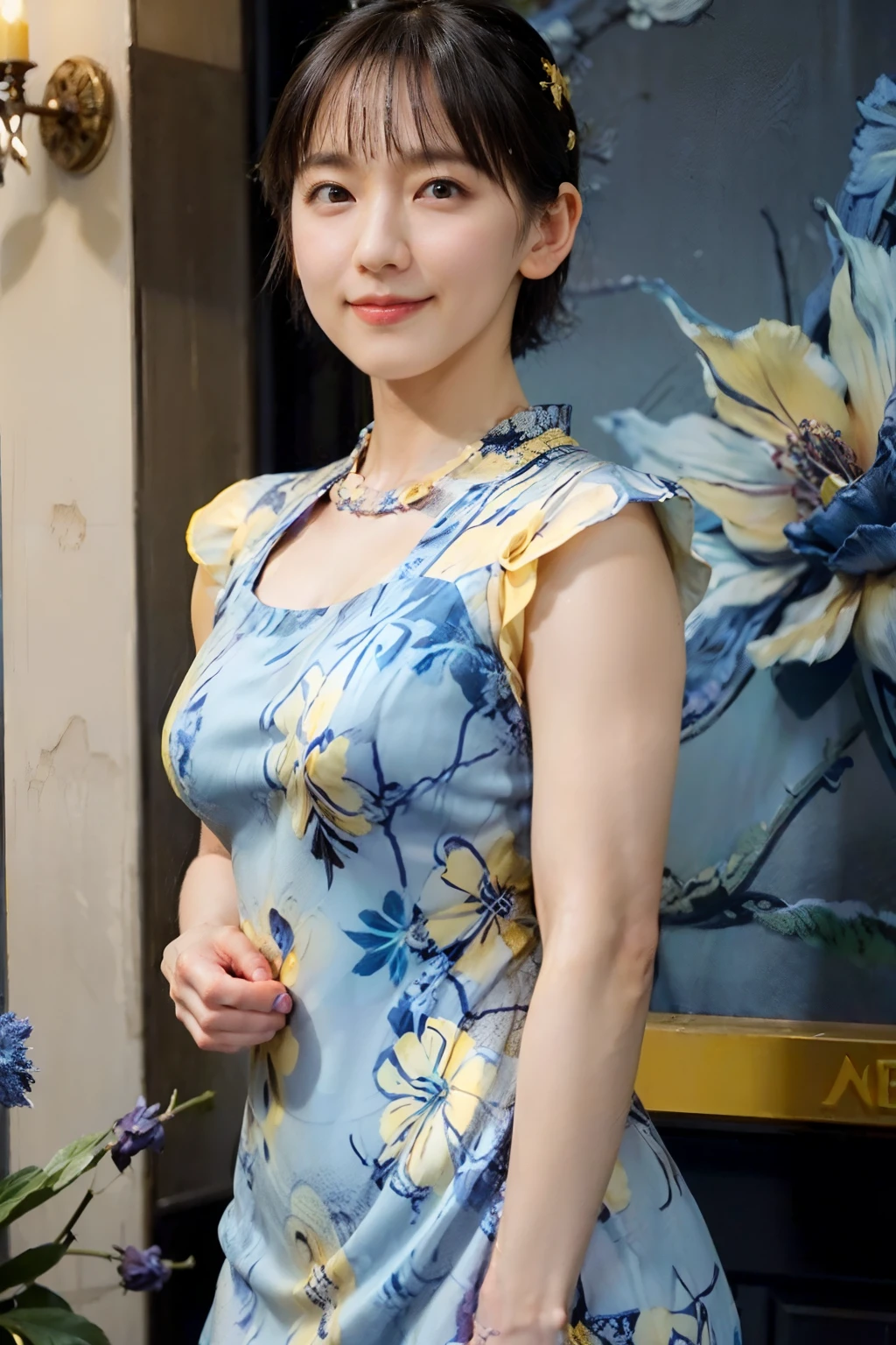 78
(20-year-old princess,is standing), (A hyper-realistic), (masutepiece), ((short-hair:1.46)), (Smooth black hair), (Breast:1.0), (kindly smile:0.9), (Blue and Yellow Floral Dress:1.46), Majestic Palace, Orange Lipstick