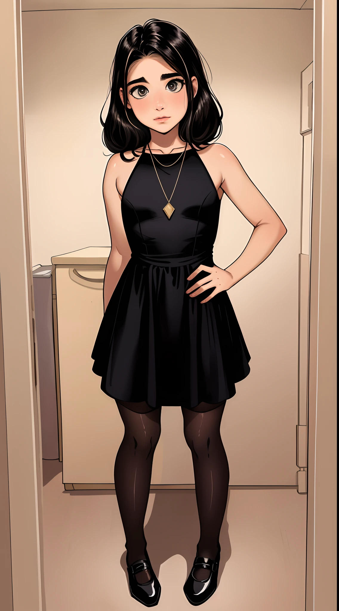 16-year-old pre-teen, olhos grandes, pernas longas, seios pequenos, cabelo longo e loiro, Low-cut tiny dress, Black pantyhose
