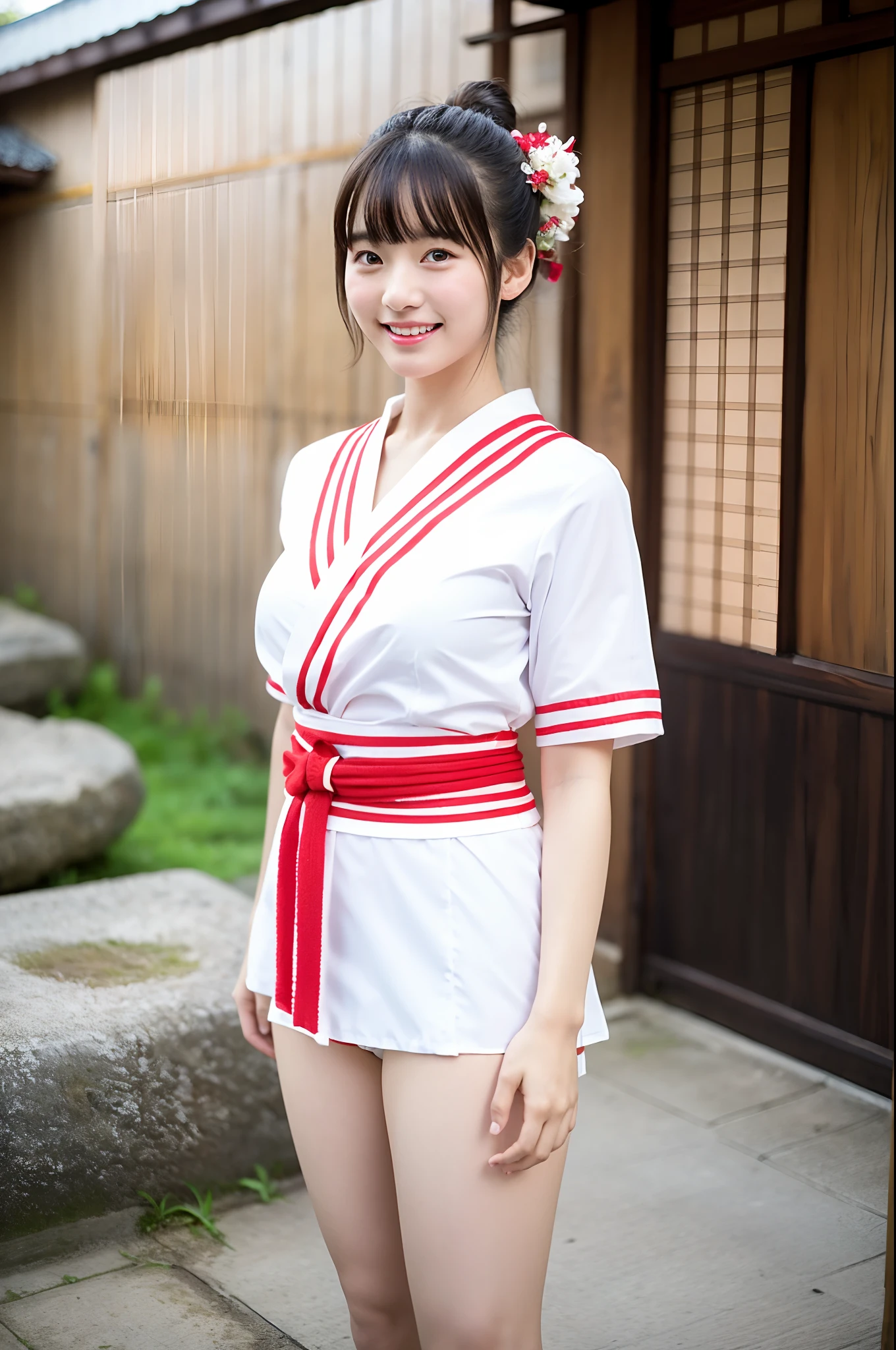 in old-japan town,yukata-top,white plain-cloth-thong with thick-string,18-year-old,bangs,a little smile,thighs,crotch,knees,short cut hair,pigtail,from below