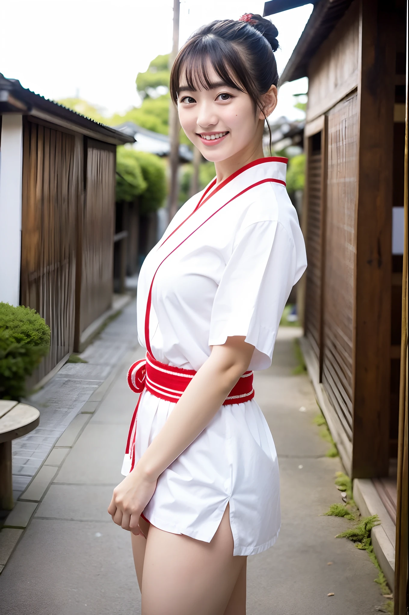 girl in old-japan town,white hakama-top,dark red school skirt,vermilion string hair-bow,18-year-old,bangs,smile,thighs,crotch,knees,short cut hair,pigtail,from below