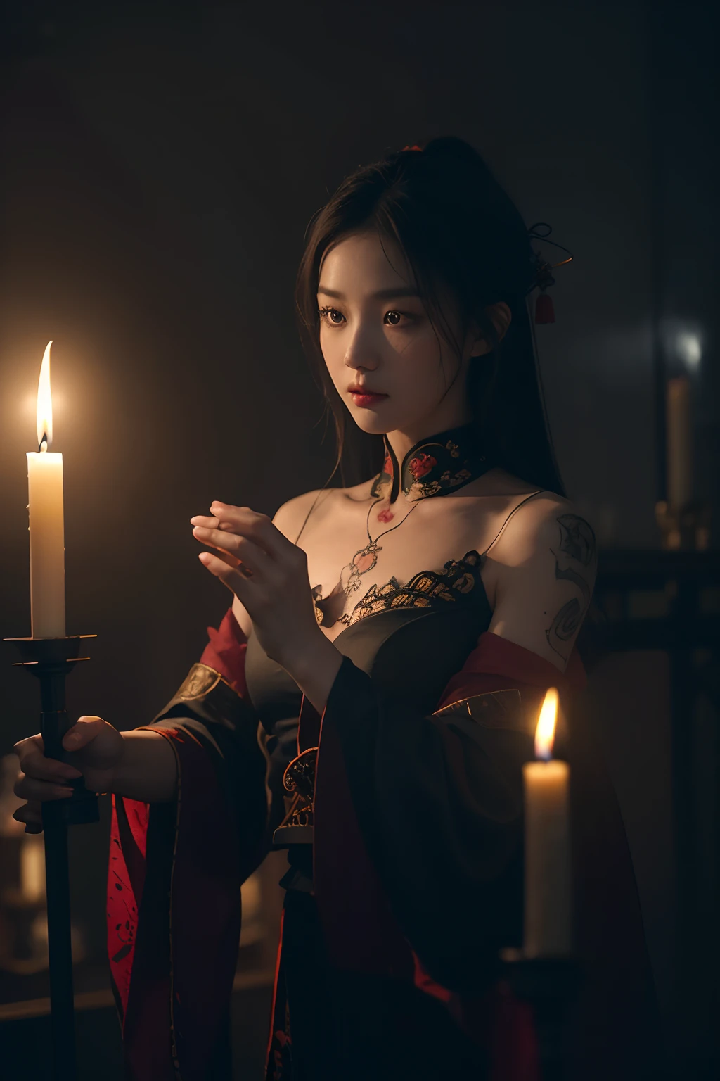 (Extremely detailed Cg Unity 8K wallpaper, Best quality, Masterpiece), An extremely delicate and beautiful, Beautiful Taoist girl, (Dark atmosphere, chinese style, Spooky), Floating in the air, (Red eyes: 1.5), (Black hair: 1.2), (Tattoos on her body, Gossip diagram, mystic symbols), in a (Haunted house: 1.3), Surrounded by (waxy candles: 1.2) and (Mist: 1.2), (Moody lighting, Shadows), (Dramatic angle, Dynamic pose), aquarelle.