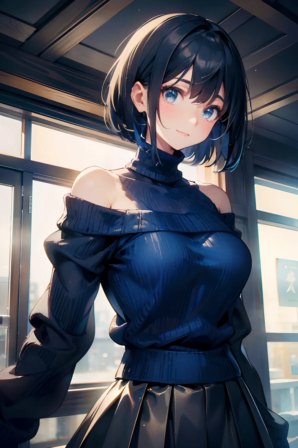 a 20 yo woman、Black-haired head hair、Bery short hair、Big smile、cleavage of the breast、Clothes with open chest、(hi-top fade:1.3)、dark themed、Muted Tones、Subdued Color、highly contrast、(natural skin textures、Hyper-Realism、Soft light、sharp) Black skirt, (Blue sweater:1.5), Long sleeves, off shoulders, off-the-shoulder sweater, Puffy sleeves, Skirt, Sweaters, White ribbon,