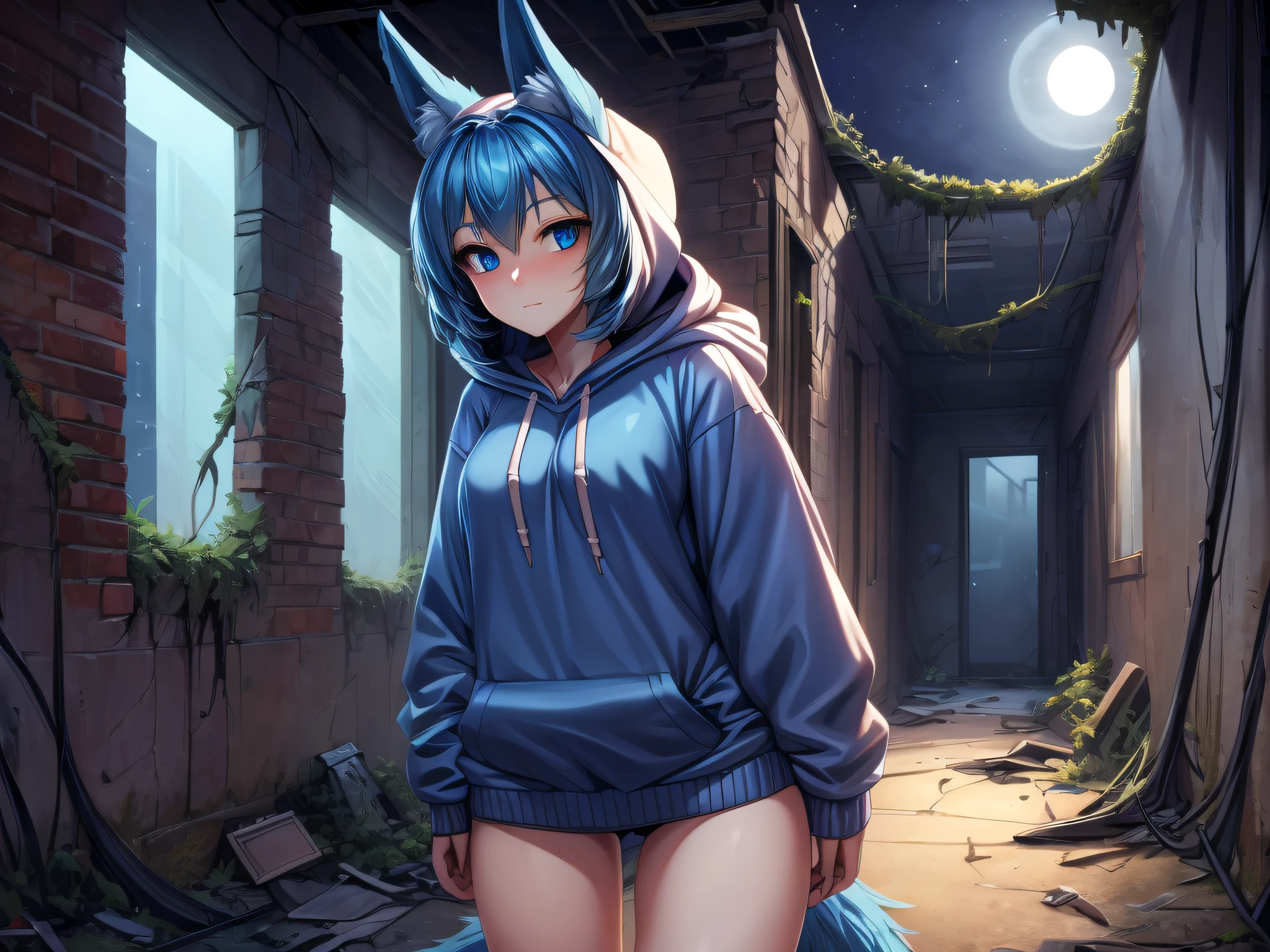 (Masterpiece) (High Detail) (High Res) A short humanoid girl with pale human skin and blue eyes and long blue hair and blue dog ears and a big fluffy dog tail is exploring an abandoned building at nighttime. She is dressed in a hoodie and is looking around at the ruined walls, overgrown vines and smashed windows.