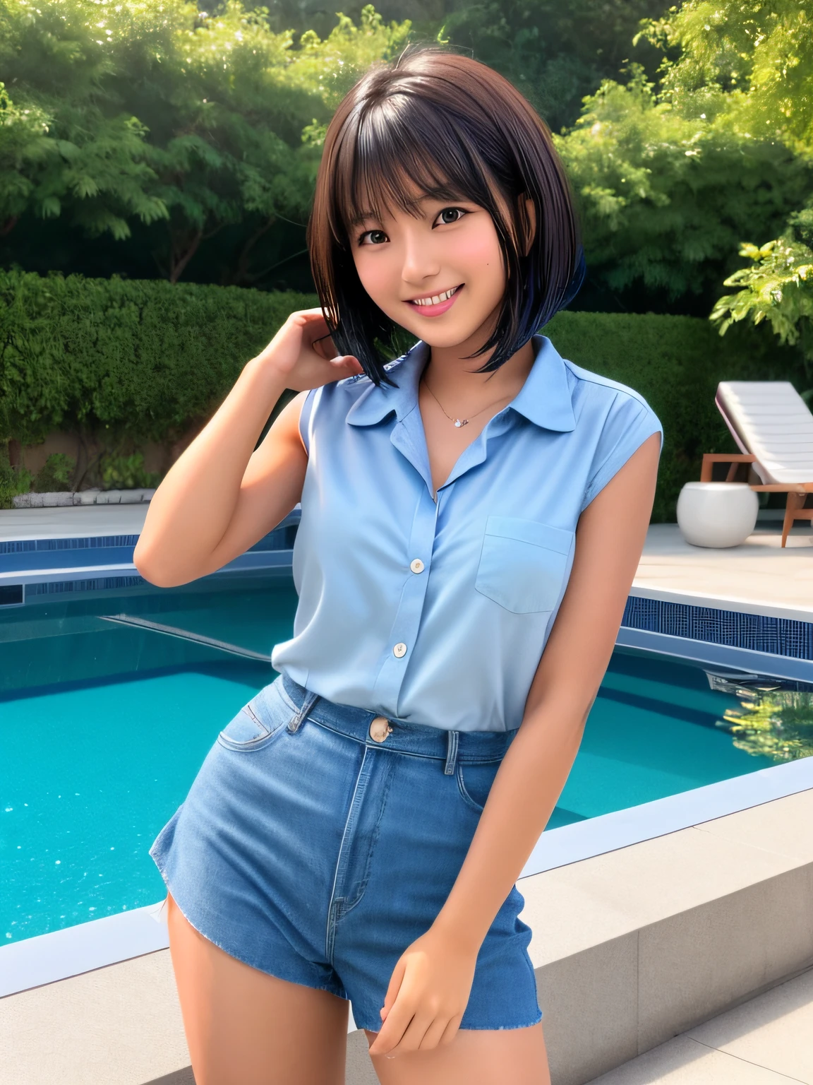 Product quality, 1 girl, upperbody shot, Front view, a Japanese young pretty girl, Bob Hair, Glamorous figure, For school uniforms, Standing by the pool with a big smile, Wet body, Wet hair, hyper cute face, Glossy lips, double eyelids for both eyes, Natural makeup, Shiny smooth light brown bob hair, asymmetrical bangs, Tanned skin, central image, High resolution, high detailing, detailed hairstyle, Detailed face, Cinematic lighting, Octane Rendering, Vibrant, Hyper realistic, Perfect limbs, Perfect Anatomy