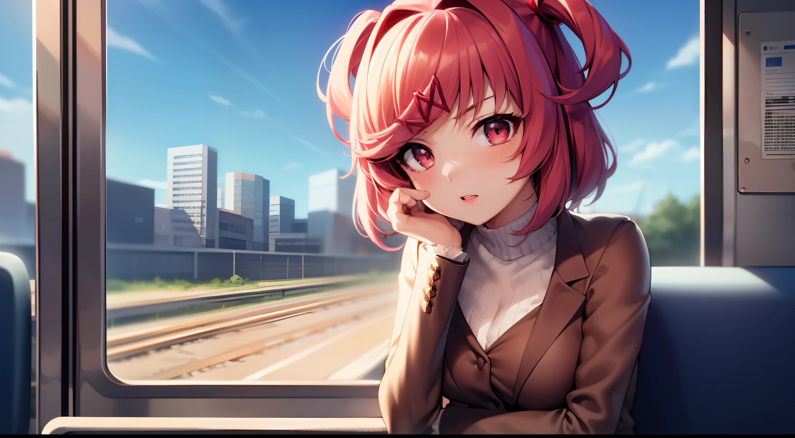 masterpiece, best quality, high quality,Natsuki, 1girl, solo, famale focus, upper body, looking at vier, Sitting On The Train,  (Best Quality)