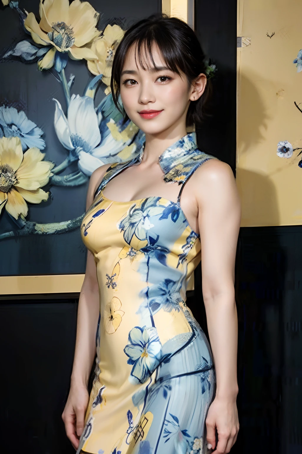 78
(20-year-old princess,is standing), (A hyper-realistic), (masutepiece), ((short-hair:1.46)), (Smooth black hair), (Breast:1.0), (kindly smile:0.9), (Blue and Yellow Floral Dress:1.46), Majestic Palace, Orange Lipstick