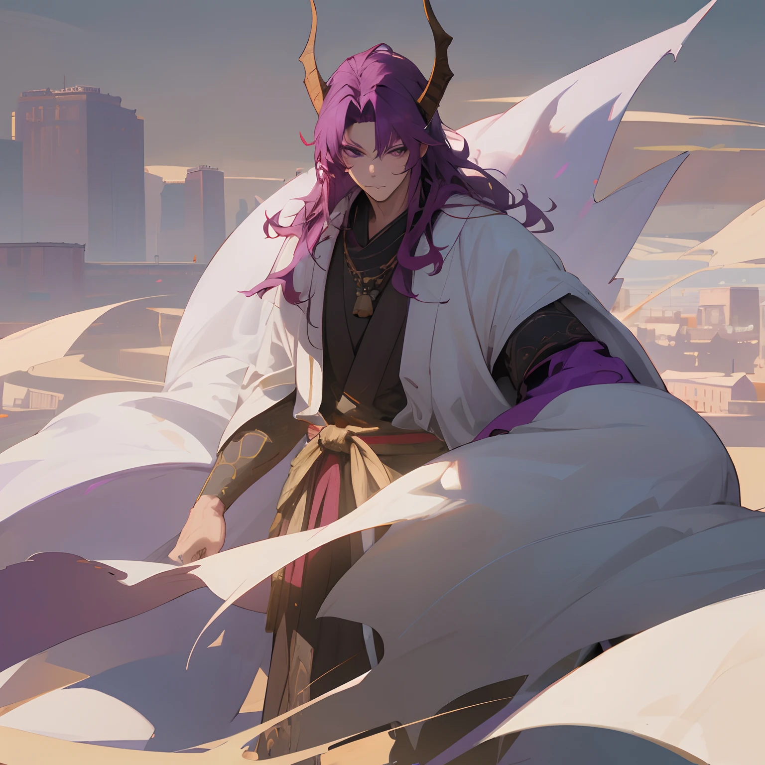 (best quality,4k,8k,highres,masterpiece:1.2),ultra-detailed,Adult Male,1male,dragon horns on head ,long reddish purple hair,purple eyes,strong frame,large build,village background,standing in front of buildings,white Haori,White Cloak , bright sunlight,sharp contrasts,dramatic shadows