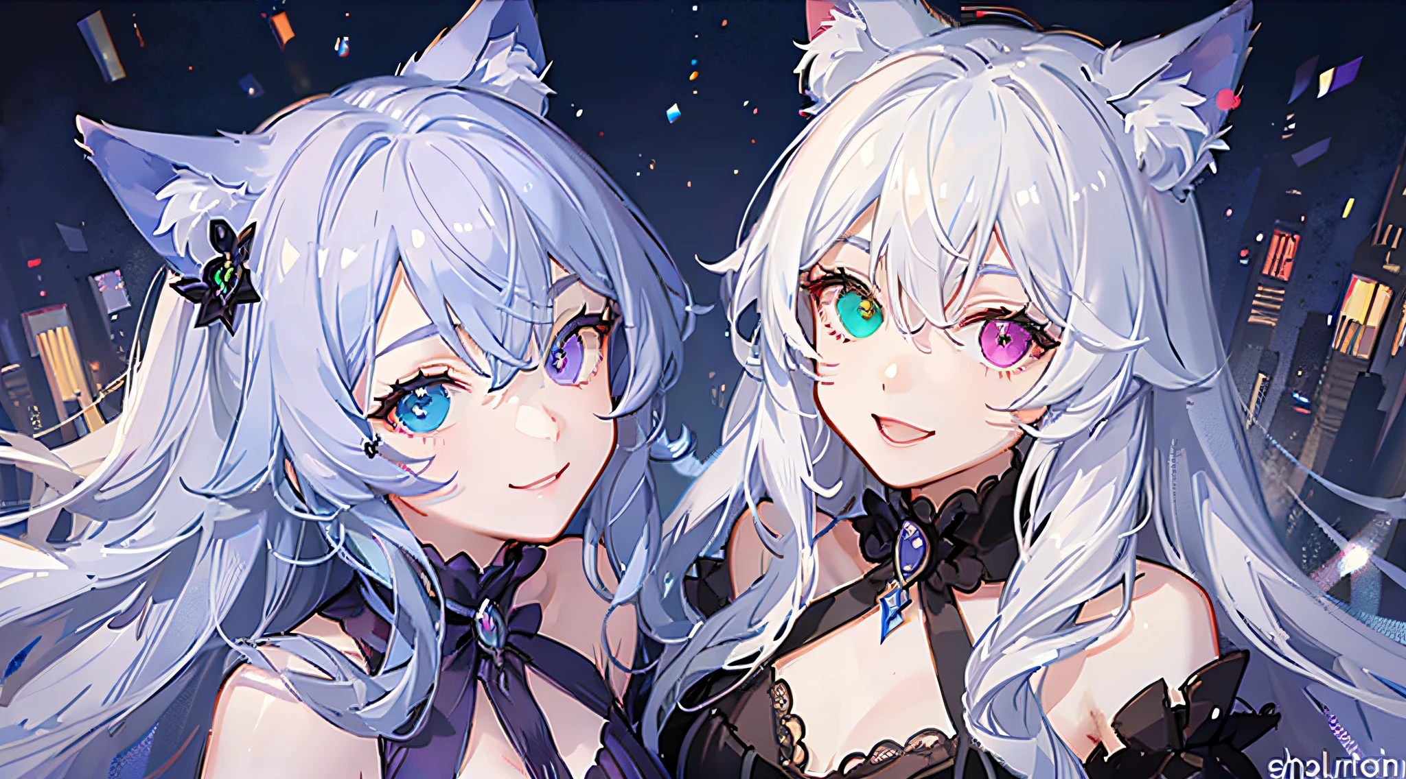 年轻, long white hair, Heterochromia, (Blue left eye, Right eye purple), White cat ears, Turquoise Top, Open chest, Tattoos, Smile, masutepiece, High quality,Happy halloween