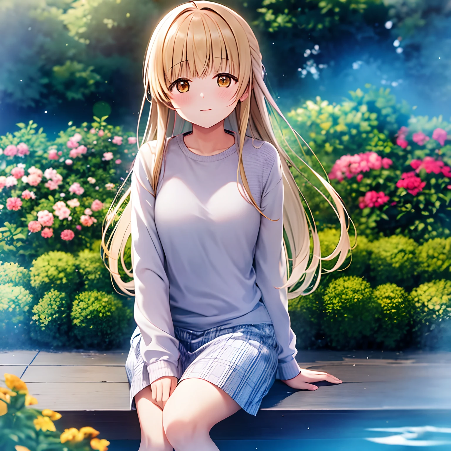 Shiina mahiru, casual clothes, Sit on the swin, bokeh potrait, flower garden, blue sky, 4k, masterpiece