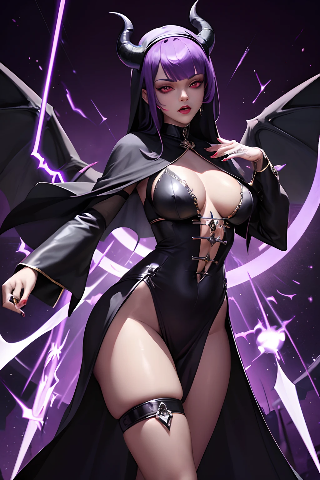 Rihanna : The evil nun, Demon horn, Demon wings on the head , sexy robe de nonne, Powerful bolts of destructive purple energy shoot out of his hands, diabolique, insidieux, His powerful magic hits the buildings of a city , Context of the Satanic Church, detailled eyes, detailed hands