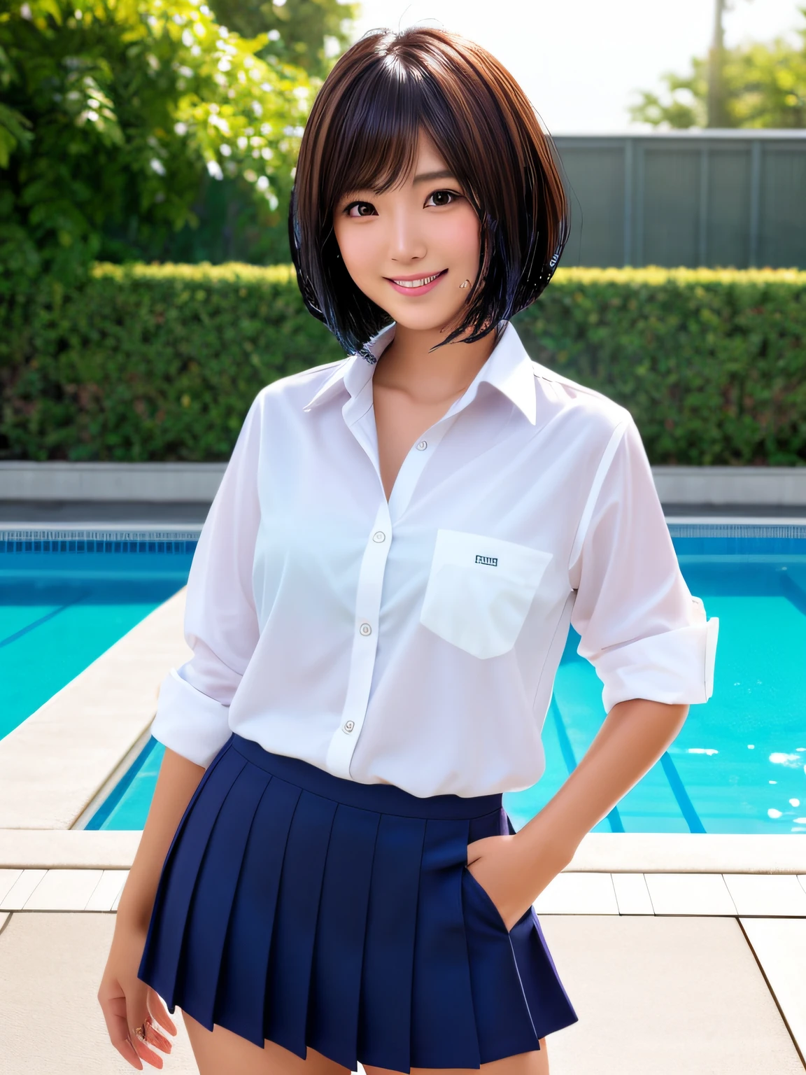 Product quality, 1 girl, upperbody shot, Front view, a Japanese young pretty girl, Bob Hair, Glamorous figure, For school uniforms, Standing by the pool with a big smile, Wet body, Wet hair, hyper cute face, Glossy lips, double eyelids for both eyes, Natural makeup, Shiny smooth light brown bob hair, asymmetrical bangs, Tanned skin, central image, High resolution, high detailing, detailed hairstyle, Detailed face, Cinematic lighting, Octane Rendering, Vibrant, Hyper realistic, Perfect limbs, Perfect Anatomy