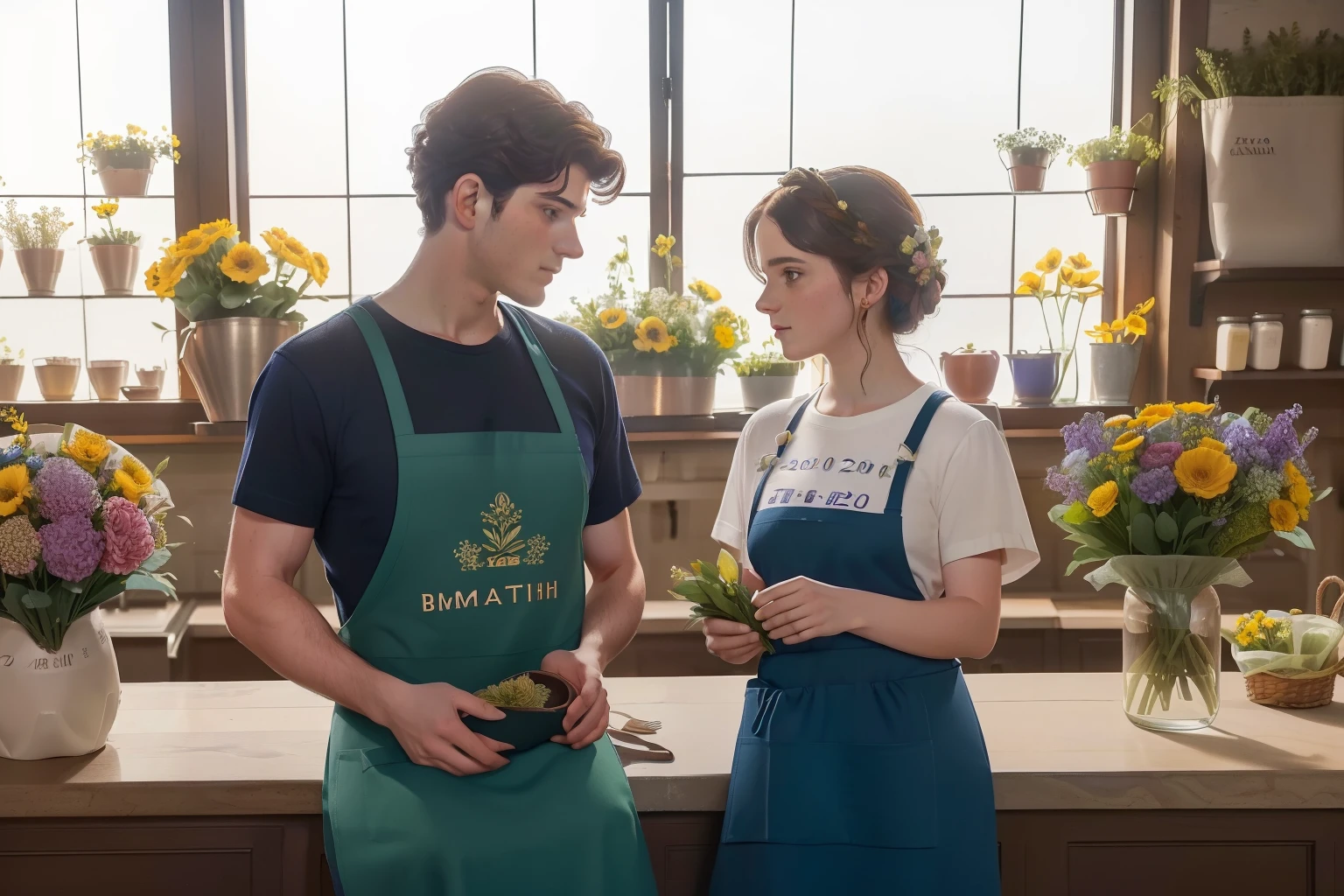 year: 2023. Location: Madrid. Pre-Raphaelite scene with a 30-year-old Emma Watson, with (Edward Bluemel), flower shop, preparing flower bouquets, dirt, working ((((casual clothing from the 2020s, t-shirt and florist apron)))) ((Hairstyle of the 2020s)), ((("OMITB" cinematography)))