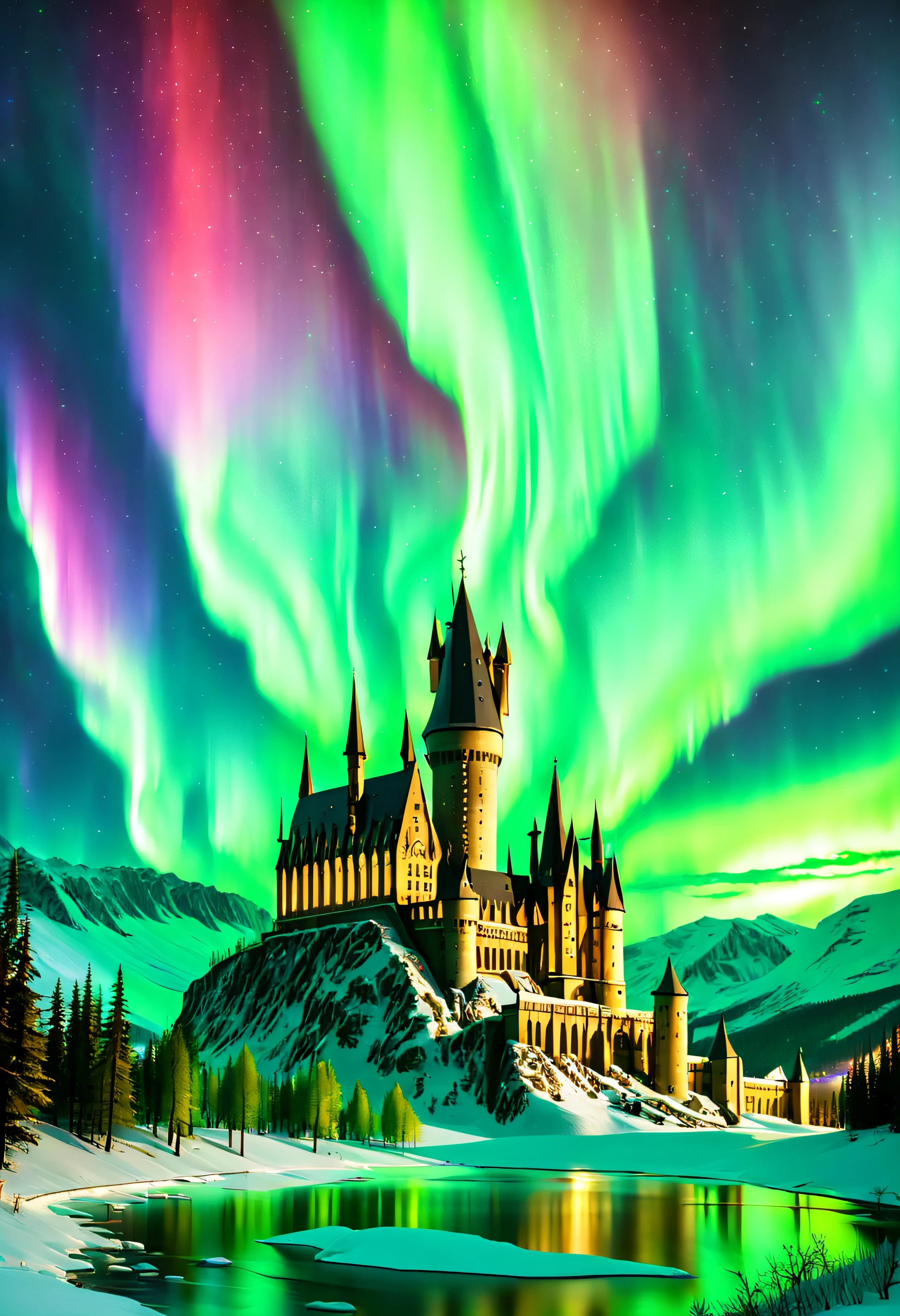 The Hogwarts School of Witchcraft and Wizardry is protected by powerful spells, (Best quality, 8K, A high resolution,Masterpiece:1.2), A large magic school with towers and domes, Surrounded by fields and lakes, (Hogwarts School of Witchcraft and Wizardry is enveloped in magical aurora borealis: 1.5),Protect it from intruders. The sky is filled with aurora borealis and stars, Around the flowers,truth, expecting, Depth-of-fie, insight, Understood, mont, The Milky Way is lush, Translucent clouds, spectrum, in a panoramic view, Interstellar cycles, cycle, portal, Mare, extreme light, The Global Northern Lights,The sky is covered in the beautiful Northern Lights