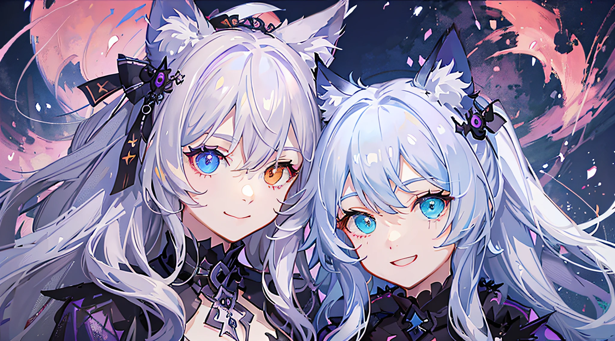 年轻, long white hair, Heterochromia, (Blue left eye, Right eye purple), White cat ears, Turquoise Top, Open chest, Tattoos, Smile, masutepiece, High quality,Happy halloween