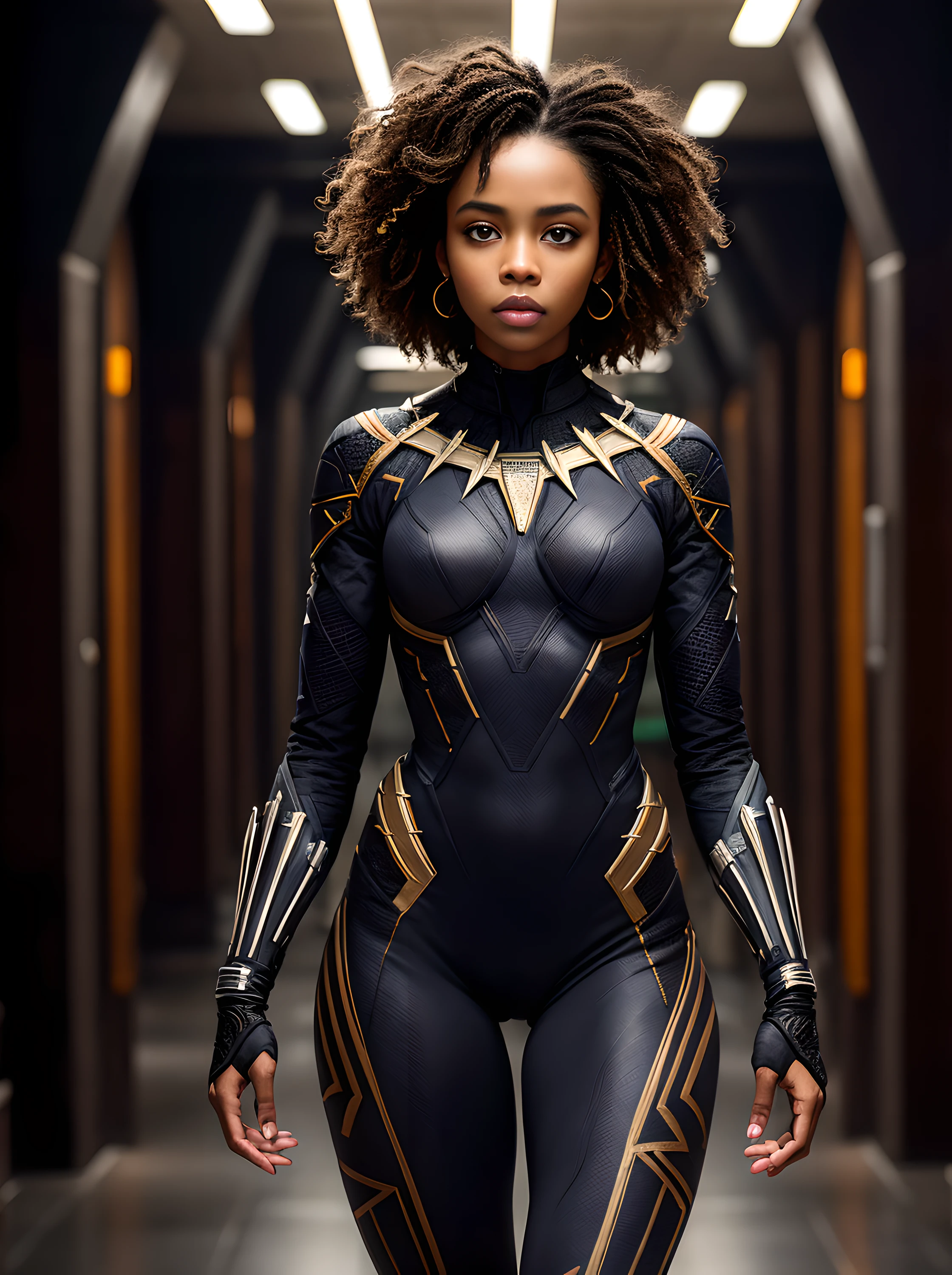 hd masterpiece, Curly Hair Wavy Hair, Ebony Latina, In Black Panther, suit, Marvel, mcu, thigh gap, (intricate details:0.9), (HDR, hyper-detailing:1.2), (natural skin textures, hyper realisitc, Sharp)