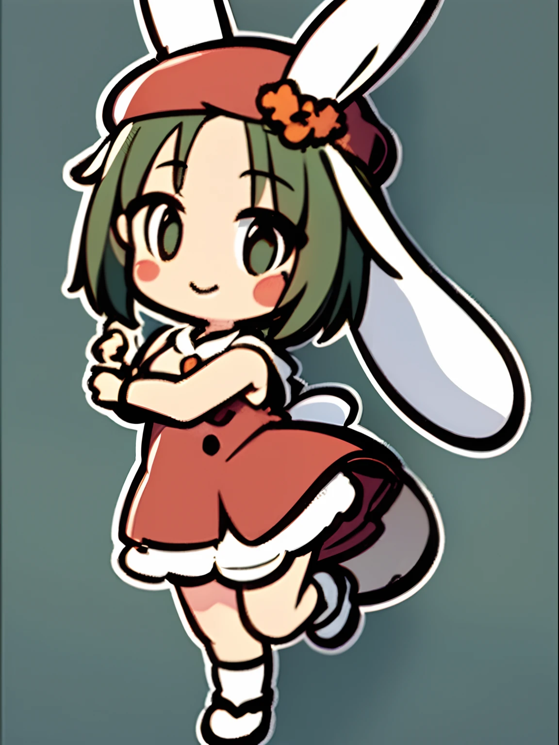 a sticker、top-quality、hight resolution、​masterpiece、8K、Chibi、Silly、1beautiful girl、kawaii、Green shorthair、A smile、Santa Claus Costume、Arms up、Pointing with your hand、Santa Claus hat with rabbit ears、a miniskirt、