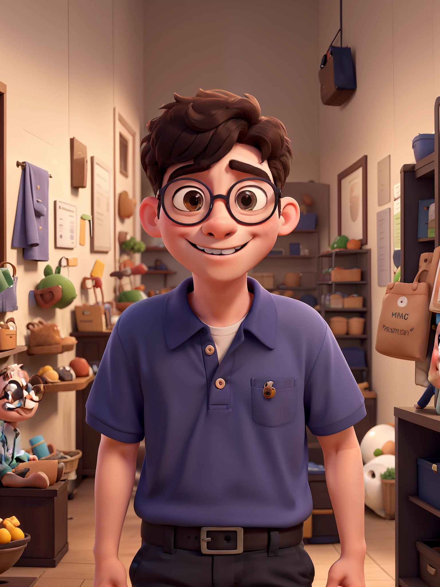 Portrait of a 3 year old boy with polo shirt, wearing round glasses, short hair, half body, looking at the viewer, smiling, chibi style, store scene, blurred background, depth of field, detailed, cartoon, unreal engine, 8k, disney pixar style