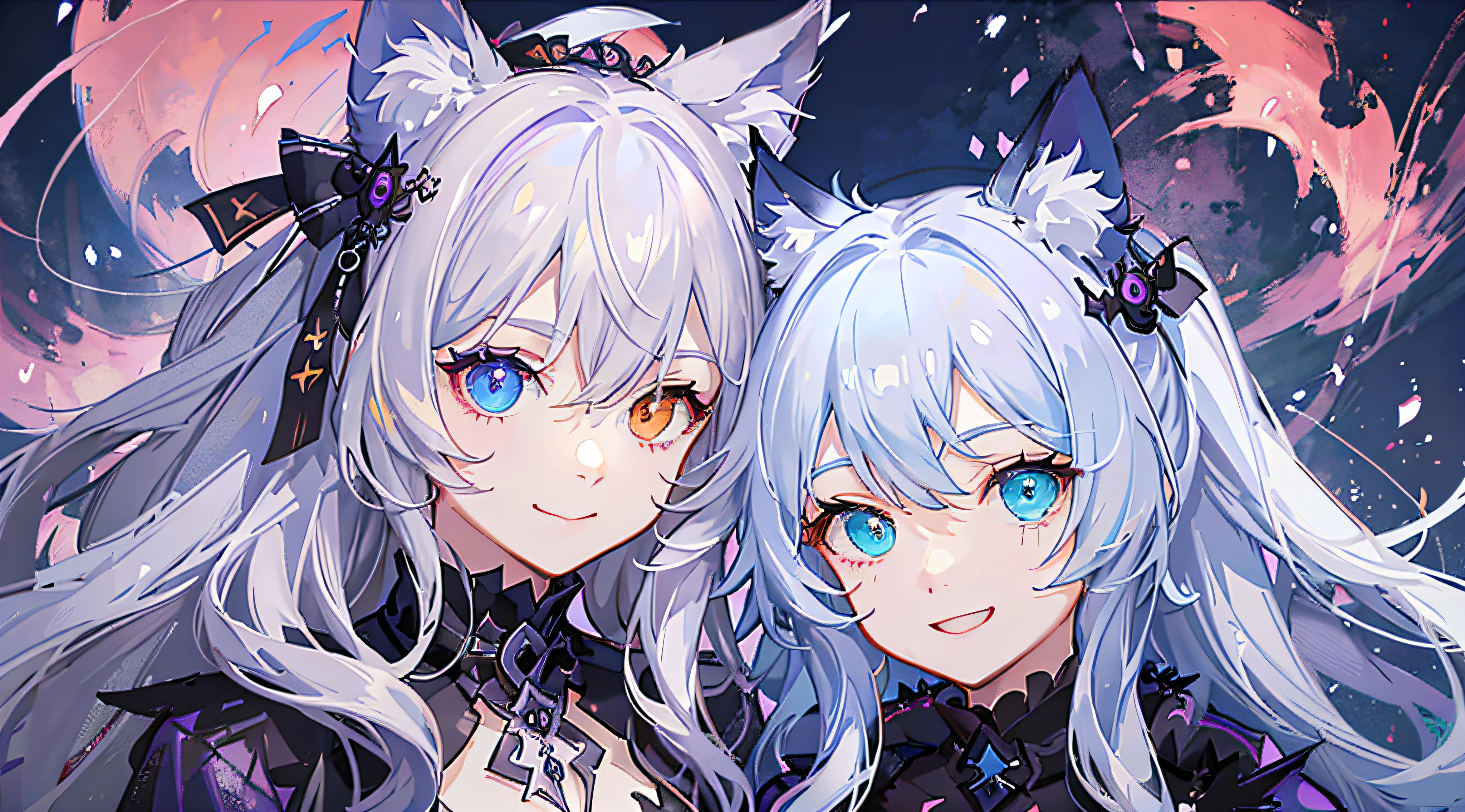 年轻, long white hair, Heterochromia, (Blue left eye, Right eye purple), White cat ears, Turquoise Top, Open chest, Tattoos, Smile, masutepiece, High quality,Happy halloween