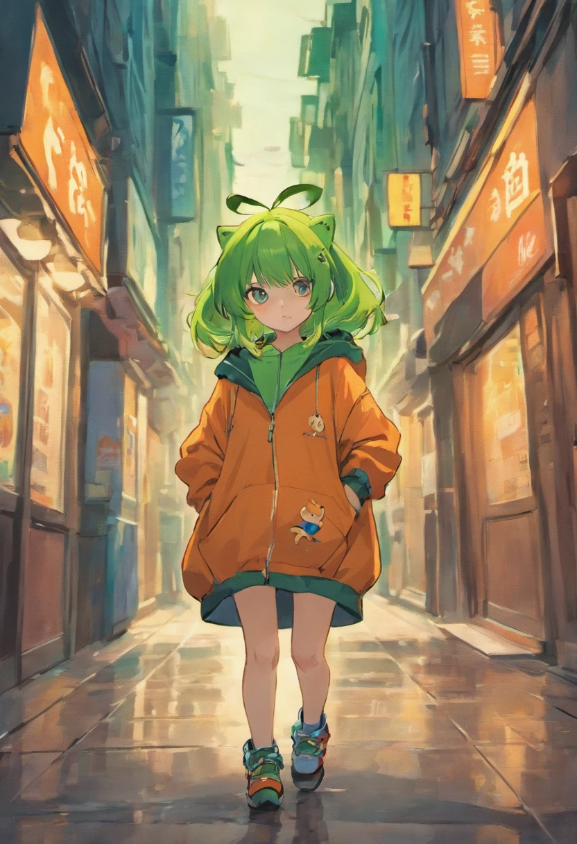(best quality, masterpiece), 1girl, holo jacket, cyberpunk, neon, mist, (cartoon: 1.5), thong, tight, small, neon signs, ramen shop, fishnet socks very low, transparent, (very long green hairv1.5),