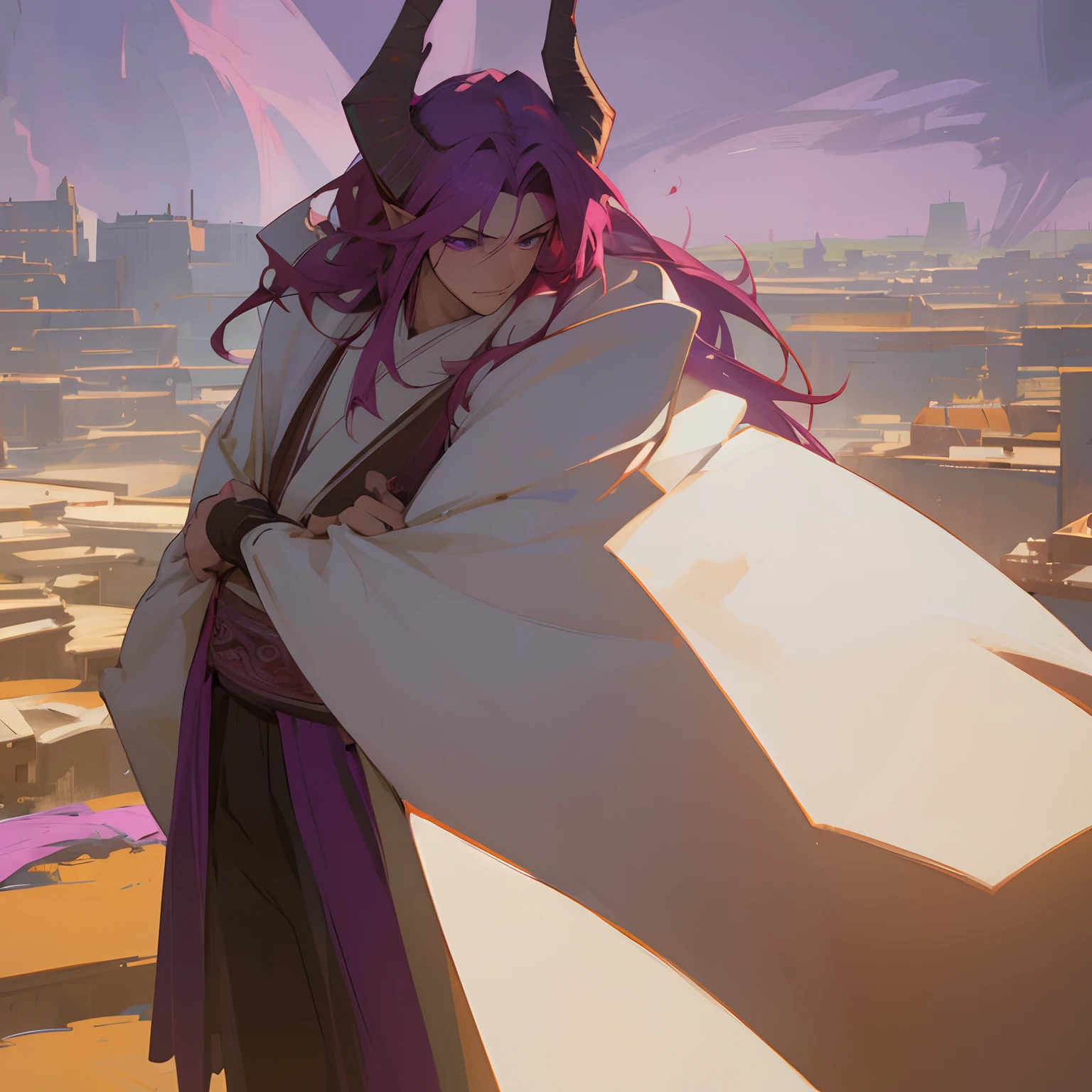 (best quality,4k,8k,highres,masterpiece:1.2),ultra-detailed,Adult Male,1male,dragon horns on head ,long reddish purple hair,purple eyes,strong frame,large build,village background,standing in front of buildings,white Haori,White Cloak , bright sunlight,sharp contrasts,dramatic shadows