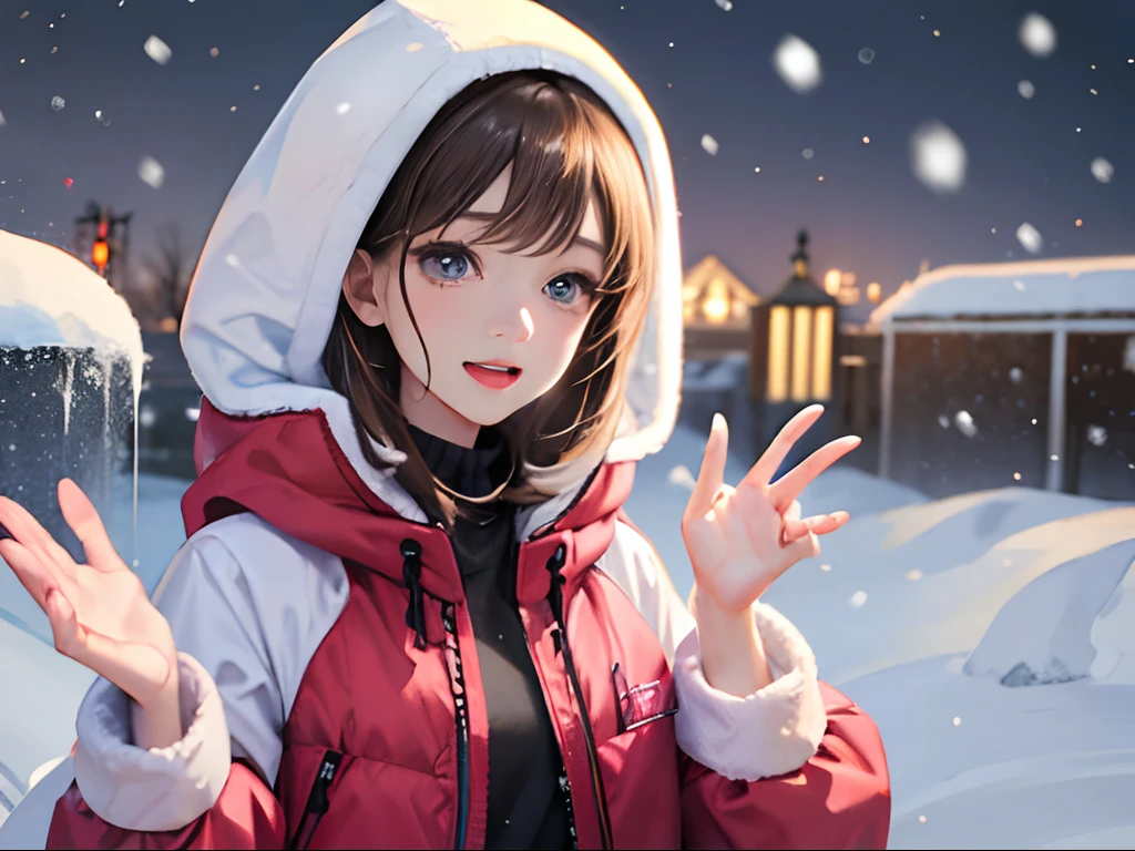(masutepiece、Top image quality、4k、8k、)、It's snowing、Hands up、Woman trying to grab falling snow、kawaii faces、Wearing a long coat、girl with:0.3、The sight of falling snow:0.7、Cinematic direction、Lighting with great attention to detail、A hand that pays attention to detail