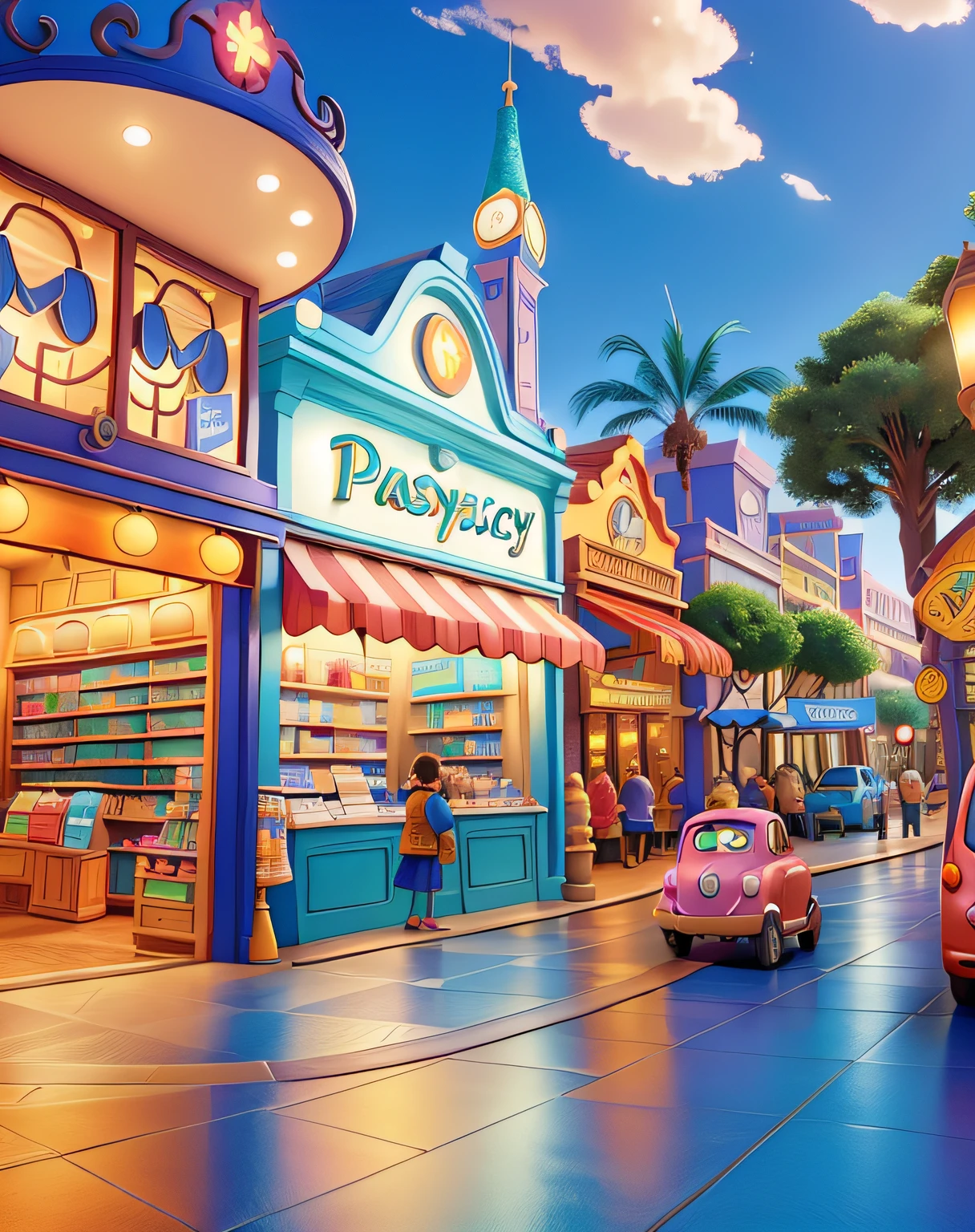 A pharmacy in a Disney Pixar-style city, alta qualidade, melhor qualidade, no fundo uma cidade com carros