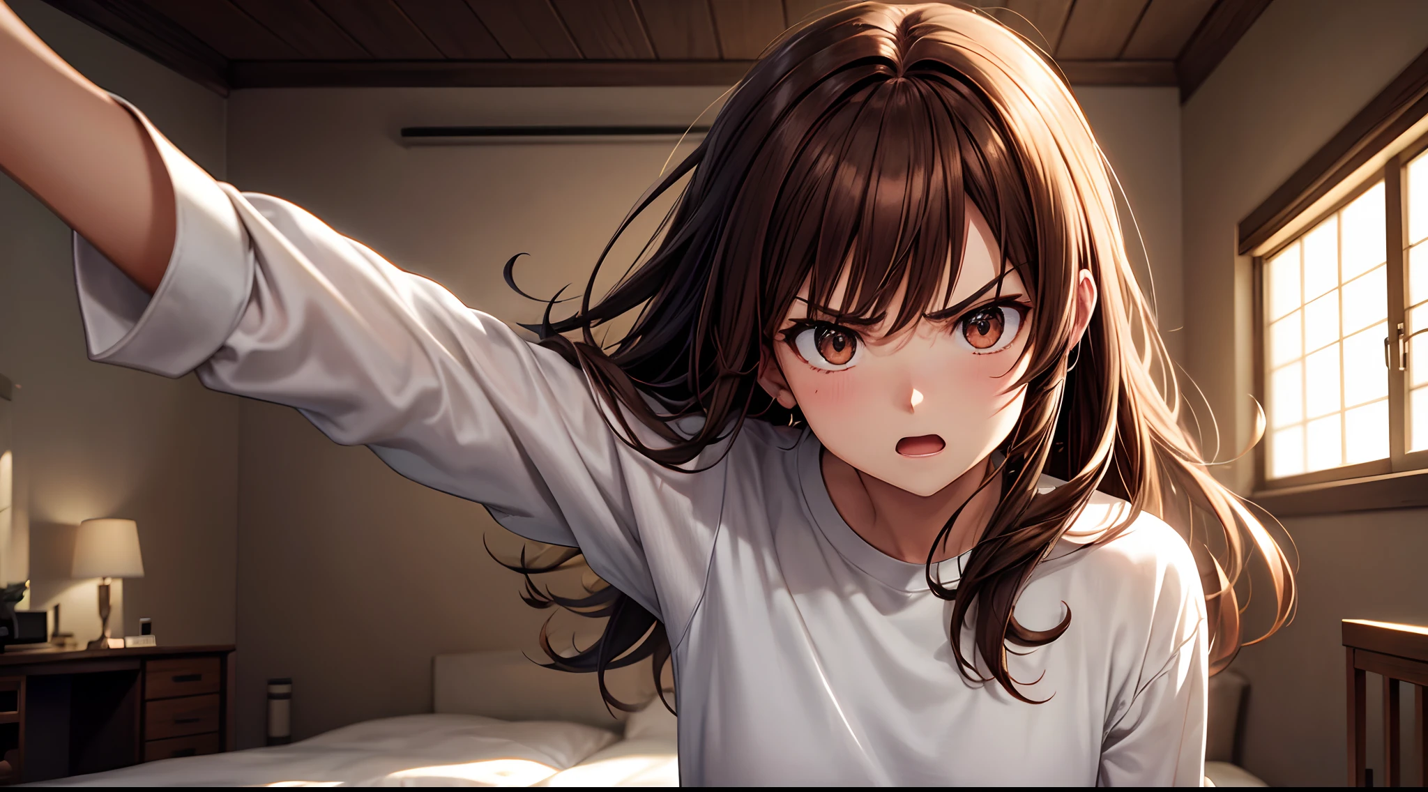 Brown hair, OL, Get a little angry, Longhaire, a room,, White shirt, , Anime, Anime style, masutepiece, 4K, Textured skin, Super Detail, Best Quality, awardwinning