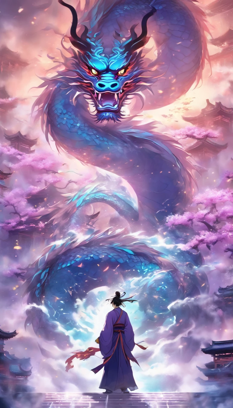 China-style,中景 the scene is,The Taoist priest stands in front of a huge transparent Chinese divine dragon,Stretch your hands,Long messy hair,Glow effects,Hyper-realistic,Ultra photo realsisim,Chinese black and white ink style,The purple,Decolorization,Smudge,ink,8K,super-fine,high qulity,OC renderer