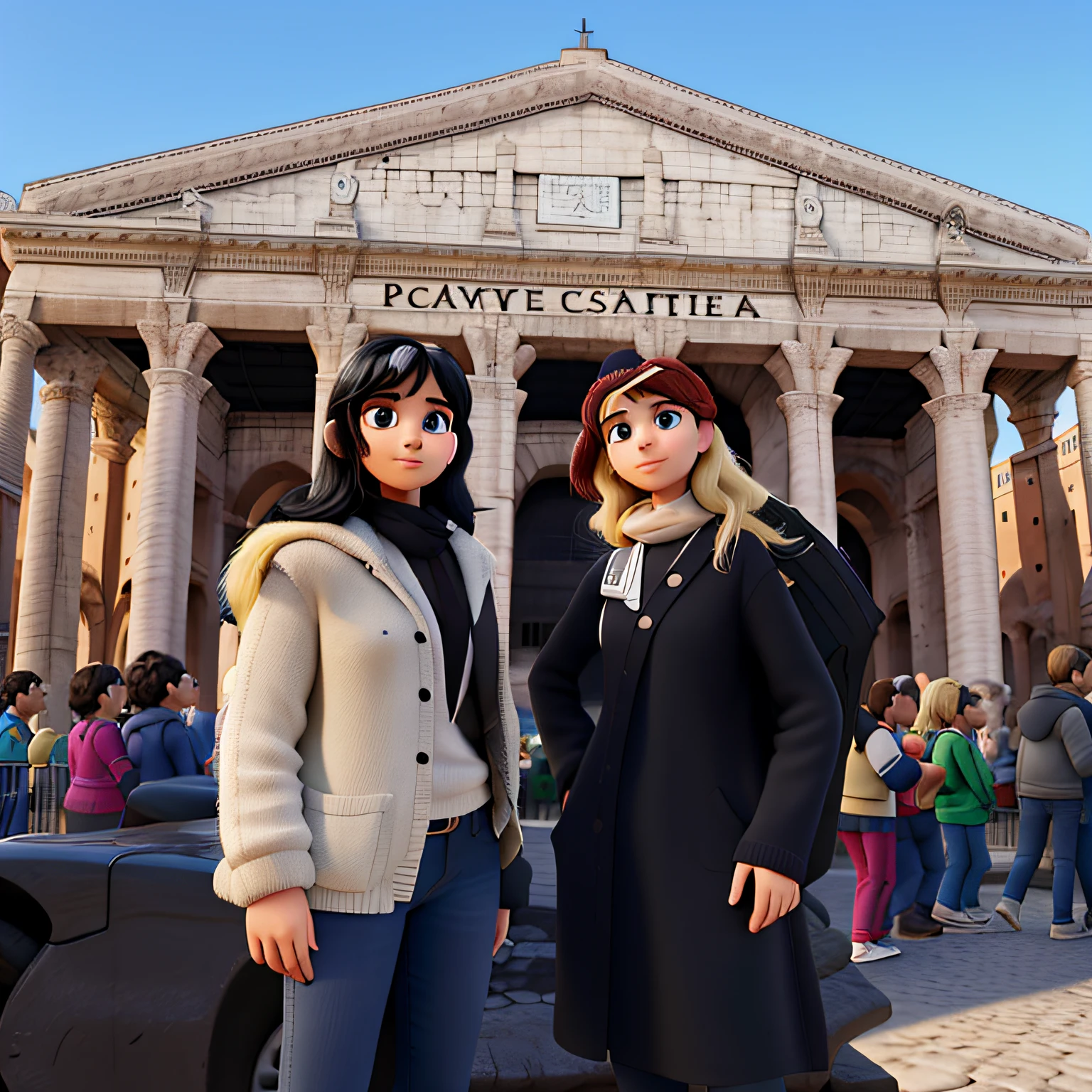 duas jovens bracas no estilo disney pixar, Stops in front of the Colosseum in Rome in Italy, one with medium-sized black hair, and the other with medium-length blonde hair, em alta qualidade, melhor qualidade
