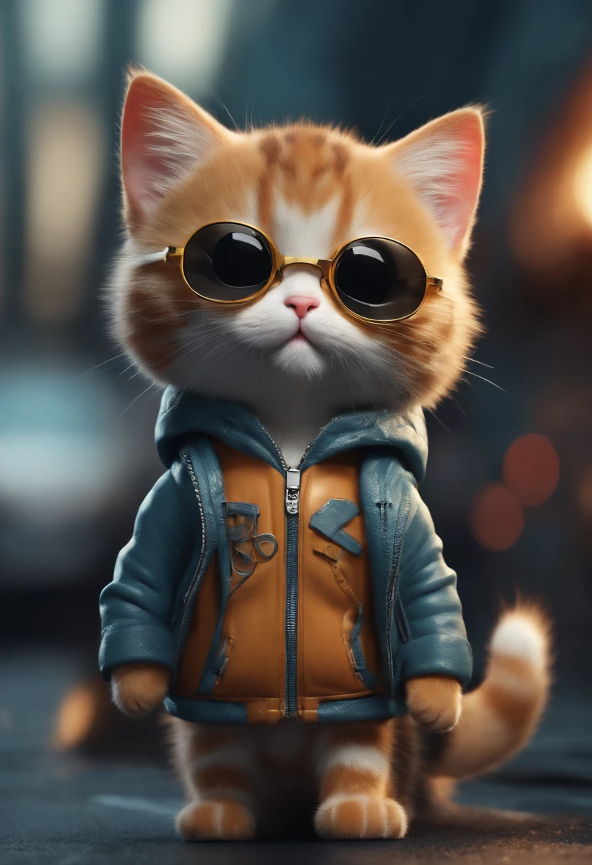 Perfect centering, cute little cat, Wear a jacket, Wearing sunglasses, Wearing headphones, cheerfulness, Standing position, Abstract beauty, Centered, Looking at the camera, Facing the camera, nearing perfection, Dynamic, Highly detailed, smooth, Sharp focus, 8K