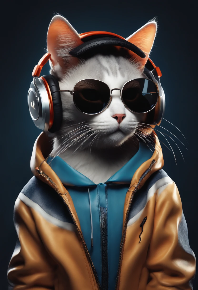 Perfect centering, cute little cat, Wear a jacket, Wearing sunglasses, Wearing headphones, cheerfulness, Standing position, Abstract beauty, Centered, Looking at the camera, Facing the camera, nearing perfection, Dynamic, Highly detailed, smooth, Sharp focus, 8K