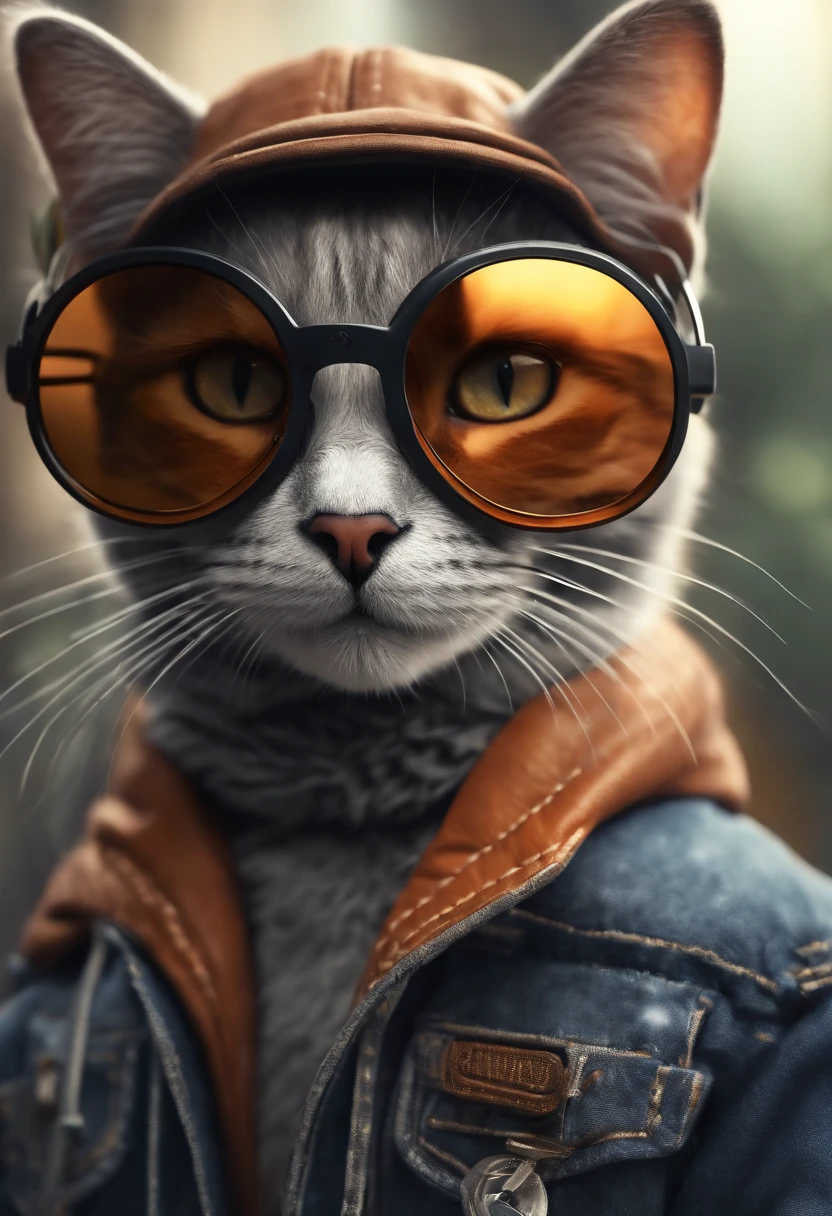 Perfect centering, cute little cat, Wear a jacket, Wearing sunglasses, Wearing headphones, cheerfulness, Standing position, Abstract beauty, Centered, Looking at the camera, Facing the camera, nearing perfection, Dynamic, Highly detailed, smooth, Sharp focus, 8K