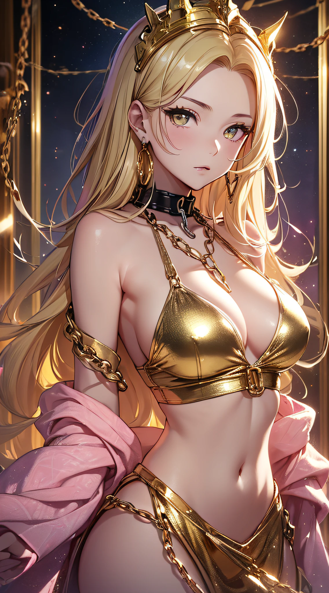 top-quality、Top image quality、​masterpiece、girl with((20yr old、Best Bust、big bast、Bust 85,beautiful golden eyes、Breasts wide open,Blonde long hair、A slender、Large valleys、Tank Tops、Cosmic dress、Gold Bikini、Get closer to here)）hiquality、Beautiful Art、Background with((Fashionable evening party、Golden Chain、Pink lighting)))masutepiece、visualart、depth of fields、