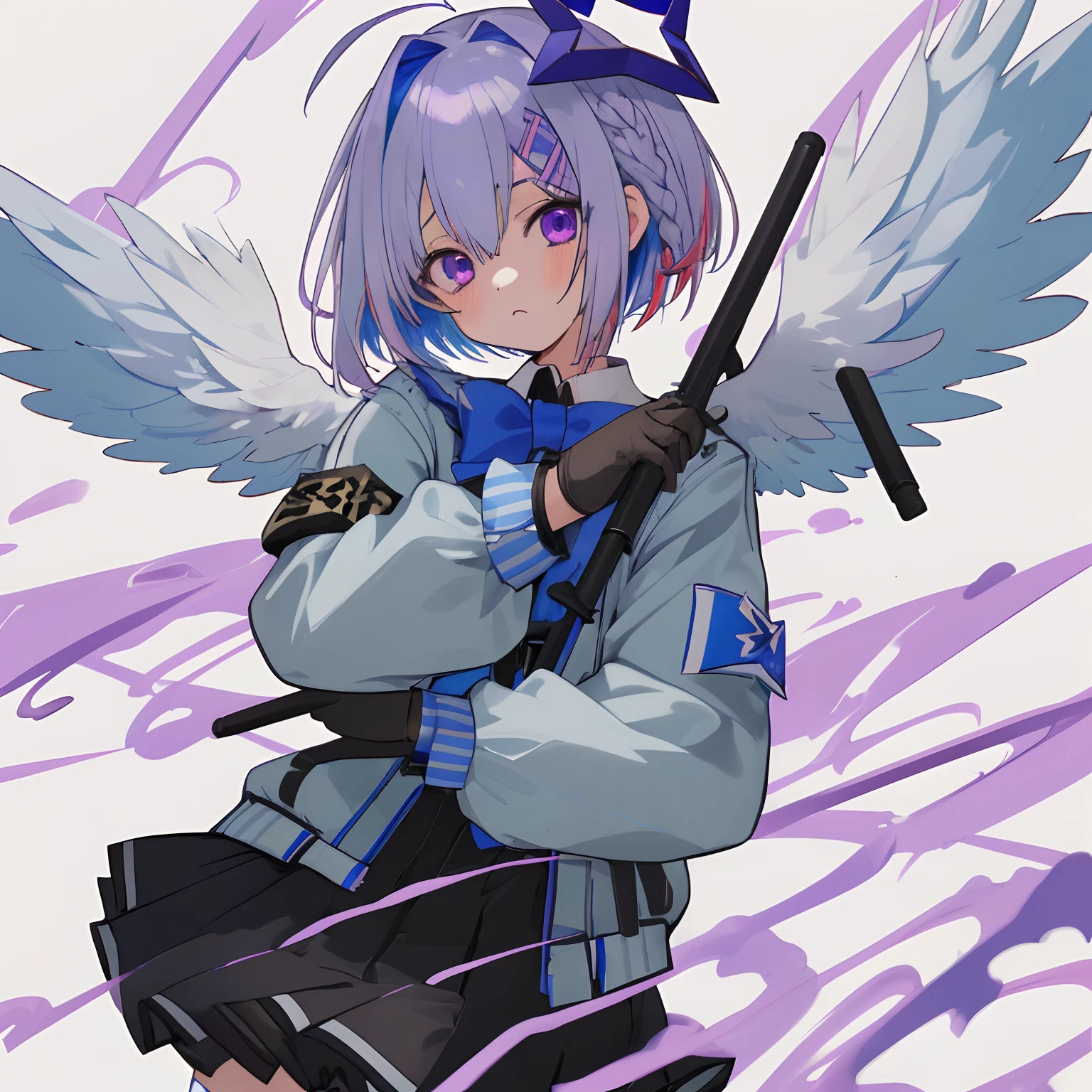 amane kanata, 1girl in, Solo, Looking at Viewer, Short hair, Bangs, Skirt, Shirt, gloves, Long sleeves, Bow, Holding, Blue hair, Purple eyes, Jacket, arma, braid, White hair, Grey Hair, multicolored hair, frilld, Wings, bowtie, holding weapon, blue bow, striated hair, gun, Halo, Blue jacket, gunn, arm band, Feathered wings, Angel wings, Colored inner hair, one white winged, Angel, Wakaba Mark,Troubled face,Farbe々Gun Background、paint