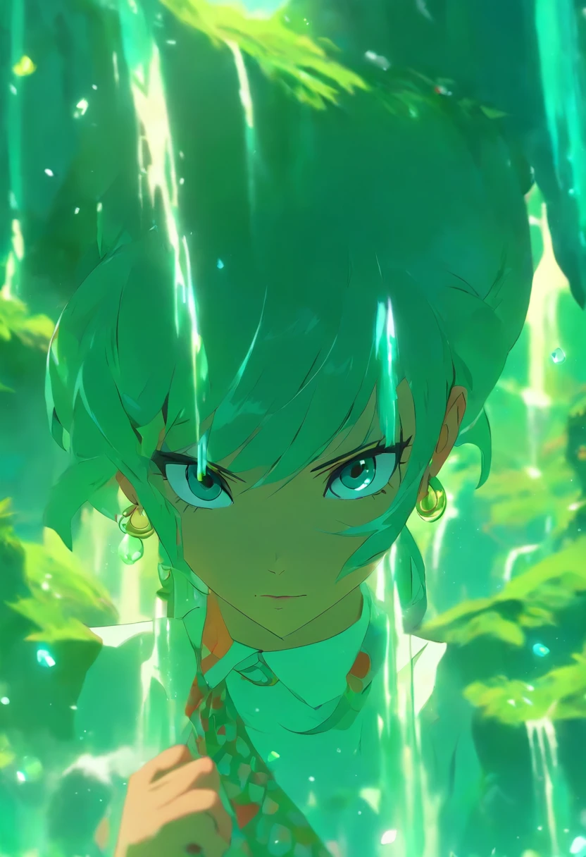 Girl in an anime collar, Long necklaces and earrings, In the style of a tranquil fresh green waterfall, colorful animation stills, aquamarine, paul gauguin, Embry style, Honest portrayal,A dark-haired,fortune teller,Slender eyes,Beautuful Women,Asian Beauty,ren,Power Stone,Power Spot,maternal,slender