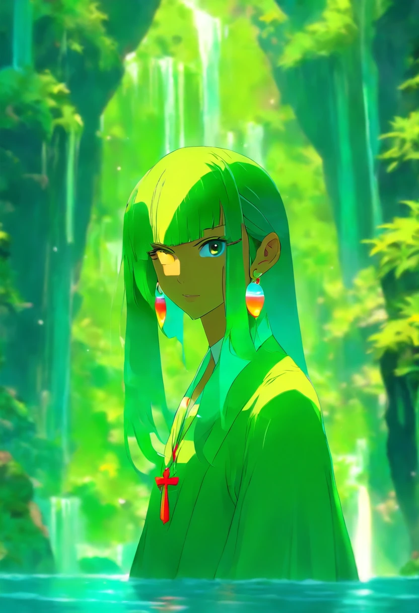Girl in an anime collar, Long necklaces and earrings, In the style of a tranquil fresh green waterfall, colorful animation stills, aquamarine, paul gauguin, Embry style, Honest portrayal,A dark-haired,fortune teller,Slender eyes,Beautuful Women,Asian Beauty,ren,Power Stone,Power Spot,maternal,slender