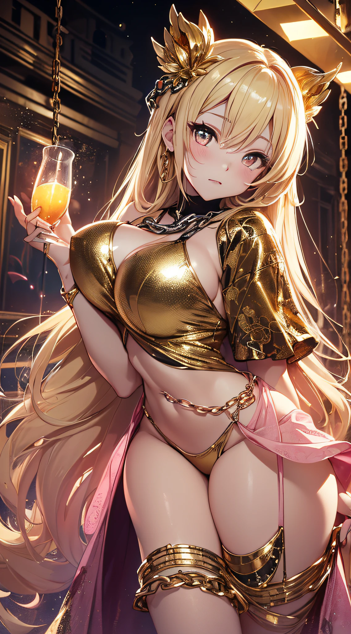 top-quality、Top image quality、masterpiece、girl with((20yr old、Best Bust、big bast、Bust 85,beautiful golden eyes、Breasts wide open,Blonde long hair、A slender、Large valleys、Tank Tops、Cosmic dress、Gold Bikini、Get closer to here))hiquality、Beautiful Art、Background with((Fashionable evening party、Golden Chain、Pink lighting)))masutepiece、visualart、depth of fields、