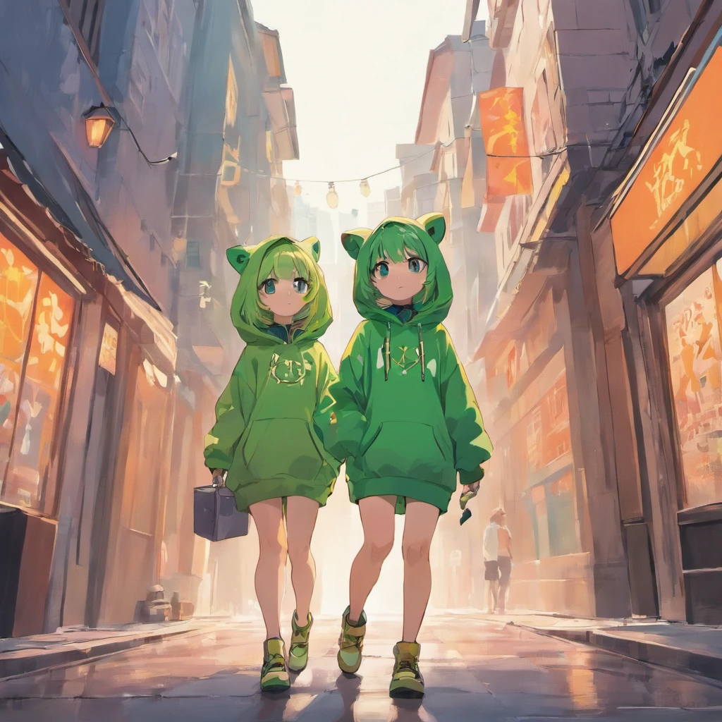 Petite person with green hair and eyes wearing a frog hoodie、Fox hoodie with orange ears and small eyes Anime two girls walking down the street, best anime 4k konachan wallpaper, anime style 4 k, Anime art wallpaper 8k, kawacy,4 k manga wallpaper, anime art wallpaper 4k, anime art wallpaper 4k, 4k anime wallpaper, Little people々々々