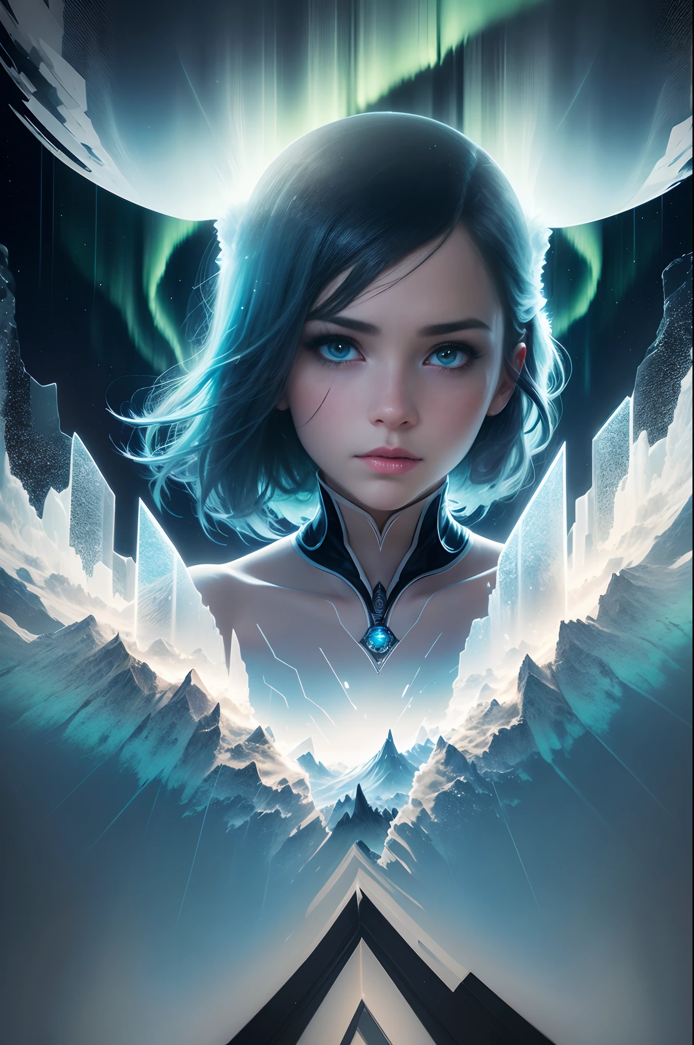 tmasterpiece, 4K, Hyper-Resolution, Optimal image resolution,aurora borealis,photography of,(Doubleexposure:1.8),A chaotic storm of aurora erupted in the transparent girl's brain,The transparent and ethereal girl's face blends with the aurora,Express your thoughts, Emotions and dreams in the surreal and magical Northern Lights landscape. Abstract portrait of a transparent girl,Northern Lights landscape,Epic surrealist style,Epic dreamy style,Epic digital art illustration of epic arctic landscapes