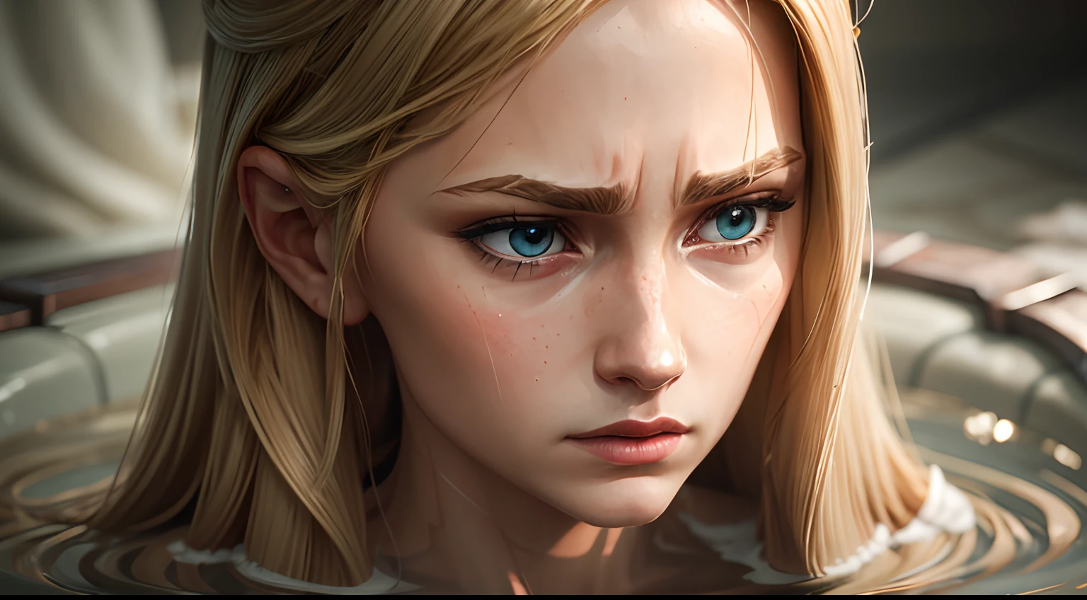 A close-up of a worried woman, Details of each part, long blonde hair, face inside water, soft light, moody room