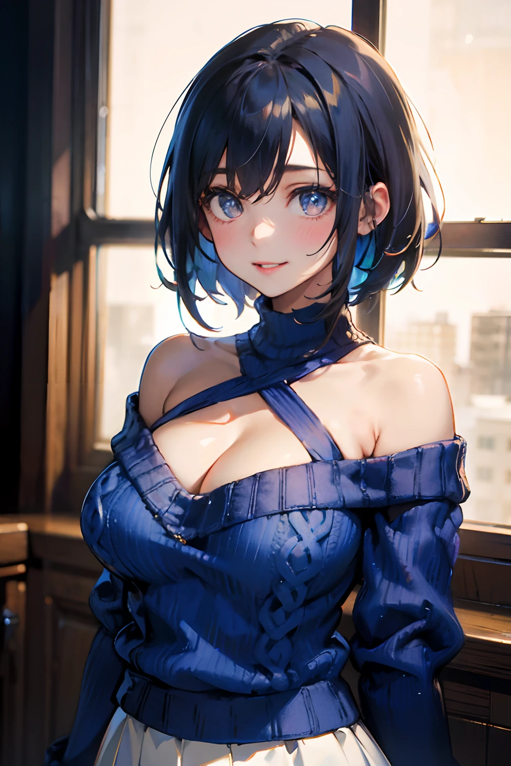 a 20 yo woman、Black-haired head hair、Bery short hair、Big smile、cleavage of the breast、Clothes with fluttering breasts、(hi-top fade:1.3)、dark themed、Muted Tones、Subdued Color、highly contrast、(natural skin textures、Hyper-Realism、Soft light、sharp) Black skirt, (Blue sweater:1.5), Long sleeves, off shoulders, off-the-shoulder sweater, Puffy sleeves, Skirt, Sweaters, White ribbon,