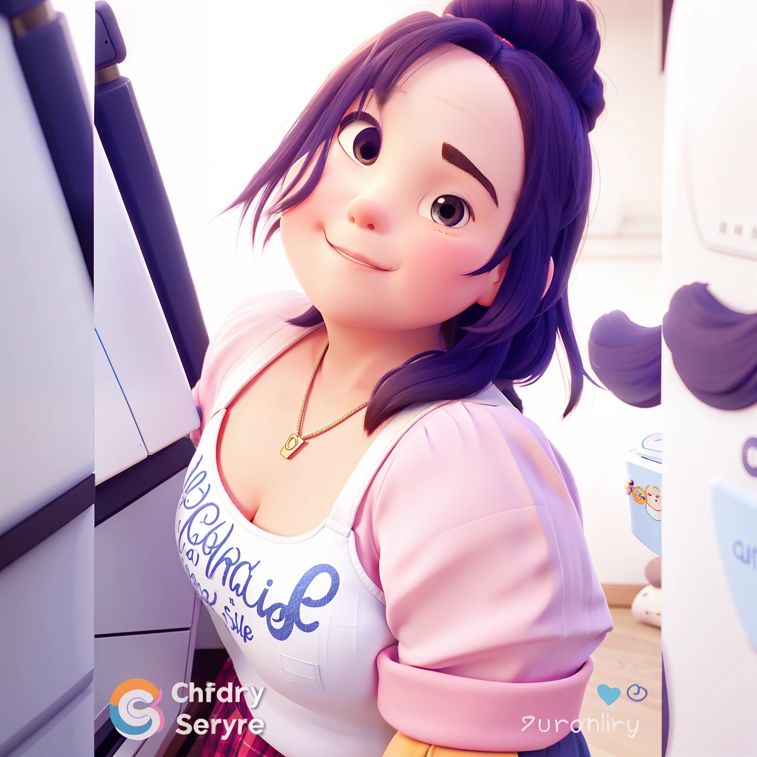 A chubby young girl with hair on her shoulders who works with custom printing and stationery