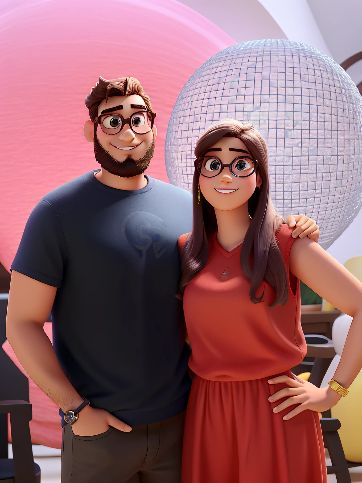 Modelo pixar ,Casal, homem com barba curta, eyeglass, pouco cabelo, mulher magra, olhos esverdeados, alta qualidade, melhor qualidade.