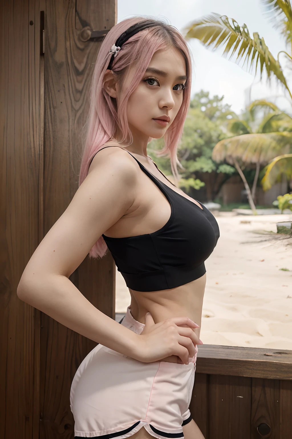 araffe in a black bra top and white shorts in a beach, korean girl, gorgeous young korean woman, back pose, in shorts, cottagecore!! fitness body, toned derriere, thicc, side pose, beautiful south korean woman, booty shorts, 2 4 year old female model, sexy girl wearing shorts, korean woman, lit from behind, heavy makeup, hair ties, slightly open mouth, big eyes, glossy, very pretty face, slender waist, sex pack, light pink hair, tattoo girl