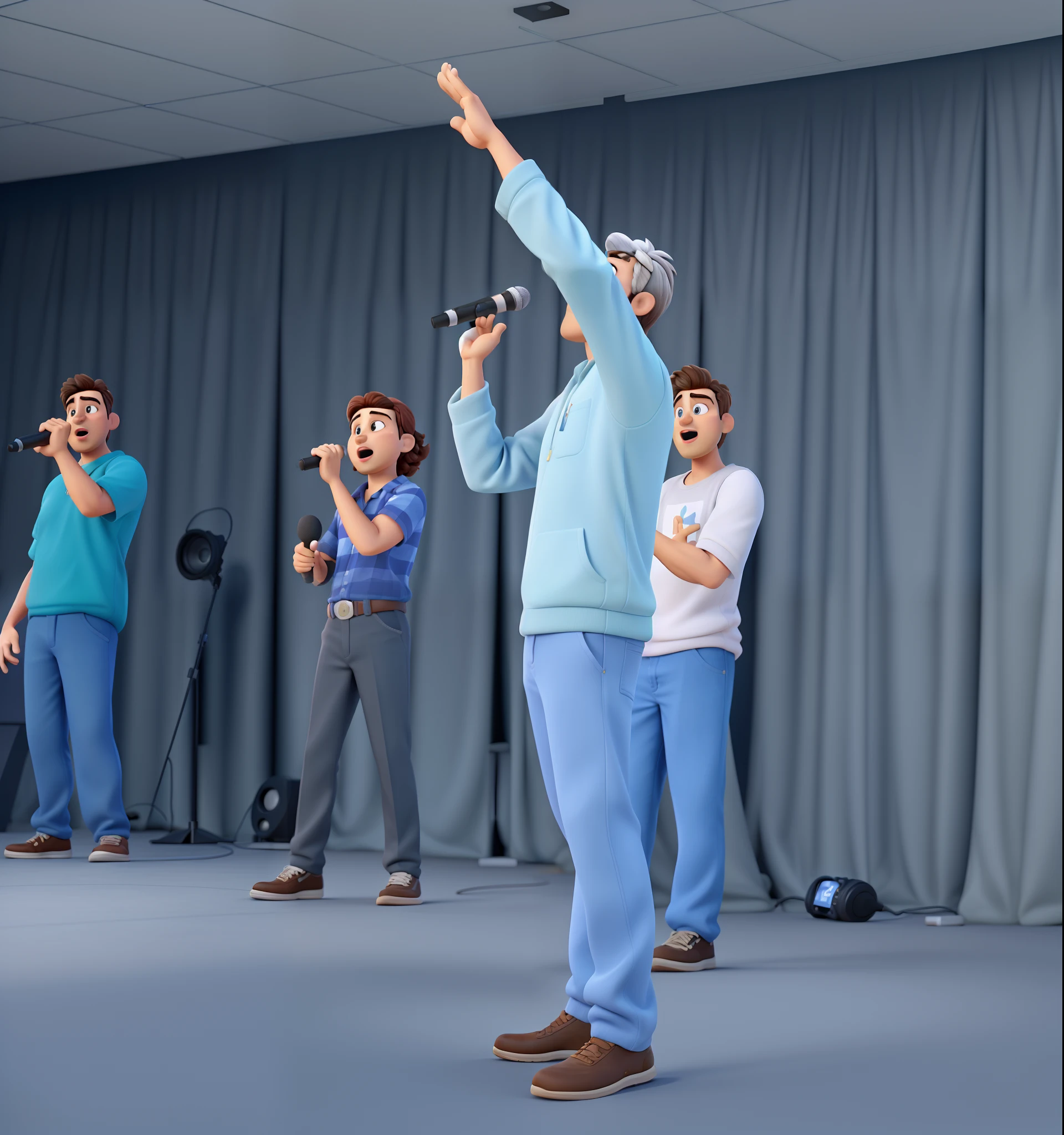 Pixar style 3d poster.  Man holding microphone on a stage in one hand and the other hand raised in the air. Behind him, 3 pessoas o acompanham cantando sendo elas 1 homem e 2 mulheres. O ambiente sugere uma atmosfera de performance musical