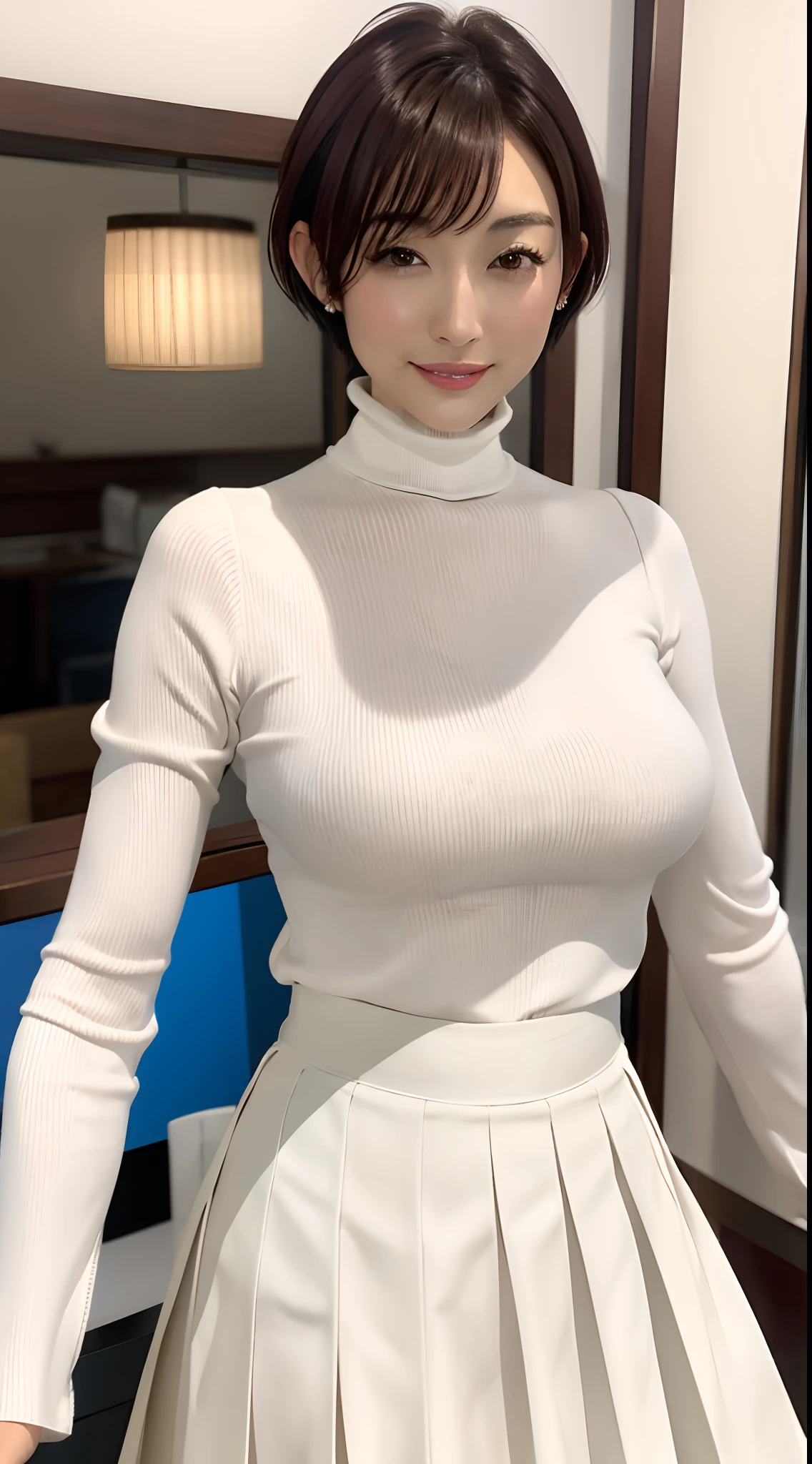 in 8K、超A high resolution、The ultra -The high-definition、An ultra-high picture quality、Ultrarealistic、Best Quality、masuter piece)(a Pretty Japanese woman、Black Hair Shortcut Hair:1.1)(Colossal tits、Pretty big breasts、toned body:1.18)(White Turtleneck、white pleats skirt、White high heels:1.3)(Choosing clothes in an apparel store:1.15)