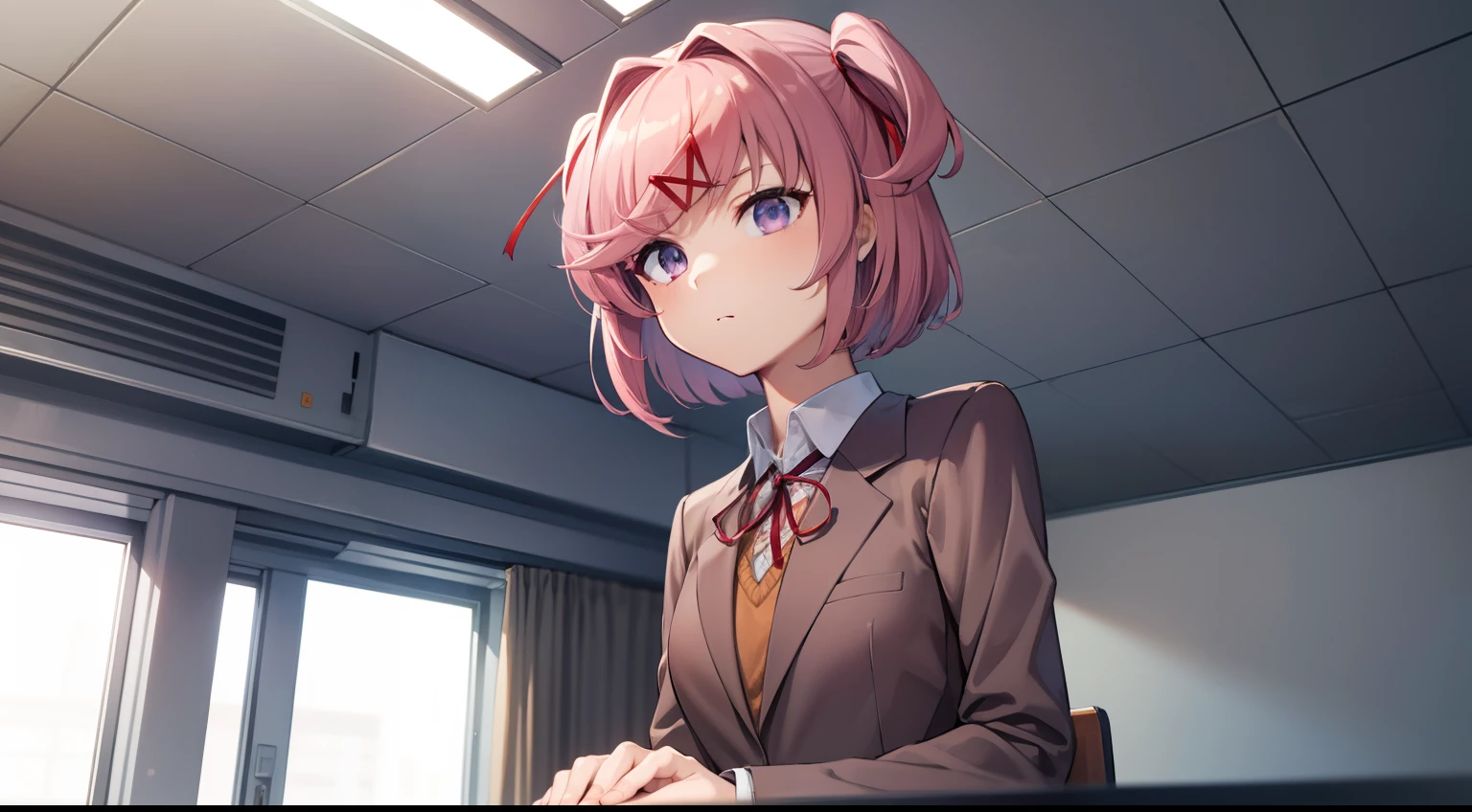 ddlcnatsuki, ddlcnatsuki, fang, hair ornament, pink hair, (purple eyes:1.1), short hair, short sidetail, swept bangs, x hair ornament,
BREAK blazer, blue skirt, brown jacket, collared shirt, jacket, long sleeves, miniskirt, neck ribbon, pleated skirt, red ribbon, ribbon, school uniform, shirt, skirt, swept bangs, vest, white shirt, wing collar, x hair ornament,
BREAK looking at viewer,
BREAK indoors, classroom,
BREAK (masterpiece:1.2), best quality, high resolution, unity 8k wallpaper, (illustration:0.8), (beautiful detailed eyes:1.6), extremely detailed face, perfect lighting, extremely detailed CG, (perfect hands, perfect anatomy), masterpiece, best quality, high quality,Natsuki, 1girl, solo, famale focus, upper body, looking at vier, Sitting On The Train,  (Best Quality)