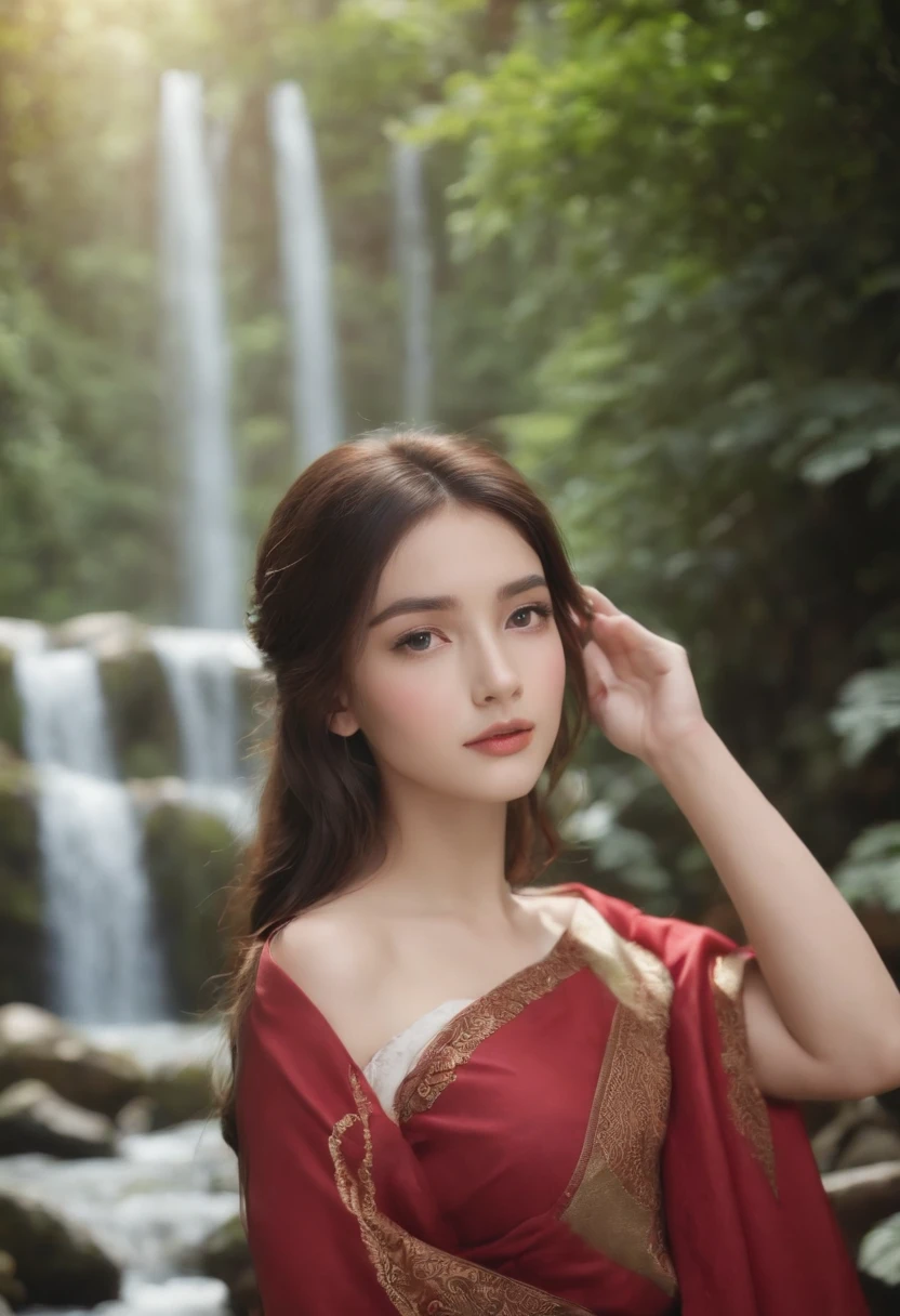 Anime Collar Girl, Long necklaces and earrings, In the style of a quiet and fresh green waterfall, colorful animation stills, aquamarine, paul gauguin, Embry style, Honest portrayal,A dark-haired,fortune teller,Slender eyes,Beautuful Women,Asian Beauty,ren,Power Stone,Power Spot,maternal,slender