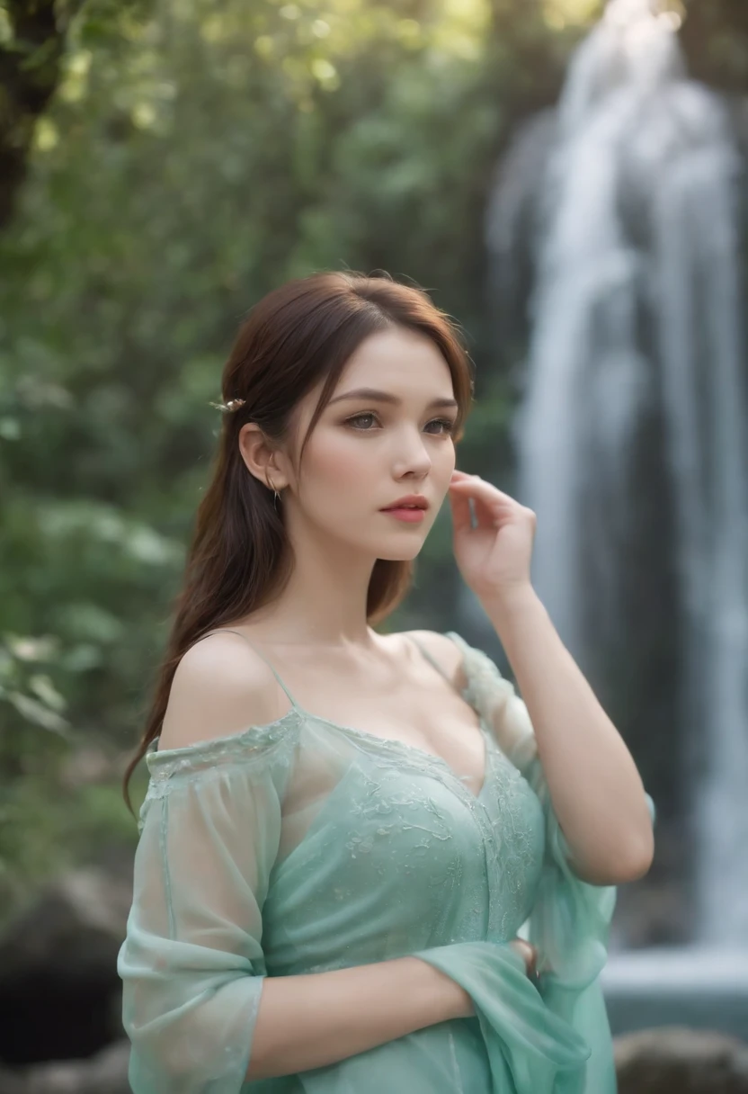 Anime Collar Girl, Long necklaces and earrings, In the style of a quiet and fresh green waterfall, colorful animation stills, aquamarine, paul gauguin, Embry style, Honest portrayal,A dark-haired,fortune teller,Slender eyes,Beautuful Women,Asian Beauty,ren,Power Stone,Power Spot,maternal,slender