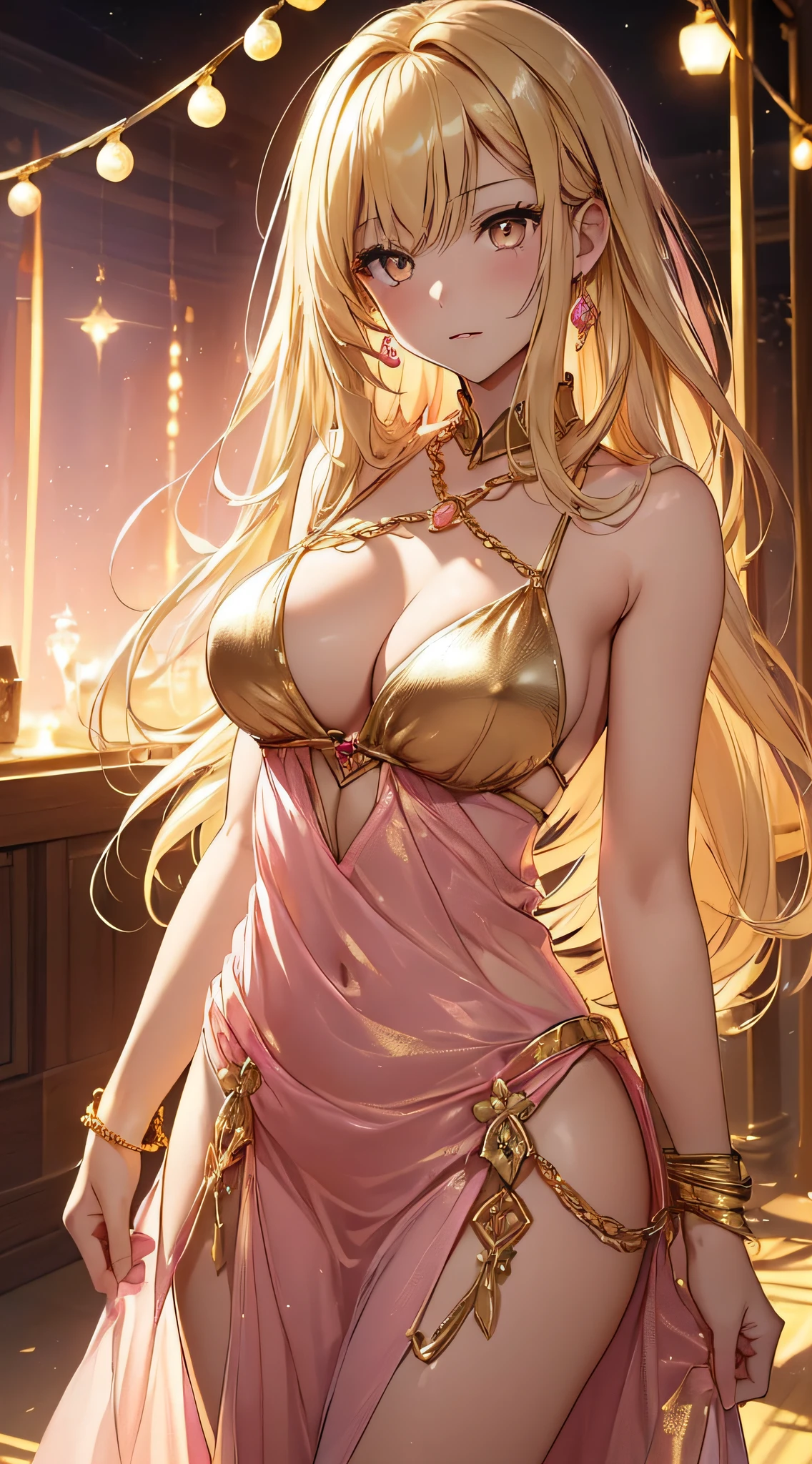 top-quality、Top image quality、masterpiece、girl with((20yr old、Best Bust、big bast、Bust 85,beautiful golden eyes、Breasts wide open,Blonde long hair、A slender、Large valleys、Tank Tops、Cosmic dress、Gold Bikini、Reach out to your audience、Lonely face))hiquality、Beautiful Art、Background with((Fashionable evening party、Golden Chain、Pink lighting)))masutepiece、visualart、depth of fields、